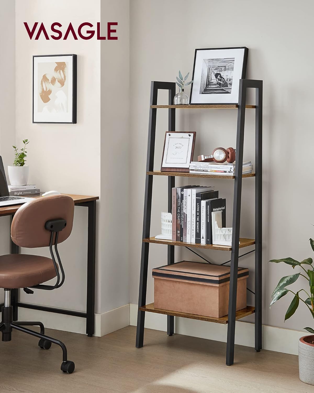 Meuble De Rangement, Étagère Rangement 4 Niveaux, Bibliothèque, Pour Salon, Chambre, Cuisine, Bureau, Style Industriel, Cadre En Acier, Marron Rustique Et Noir Par Songmics Lls44x - Vasagle