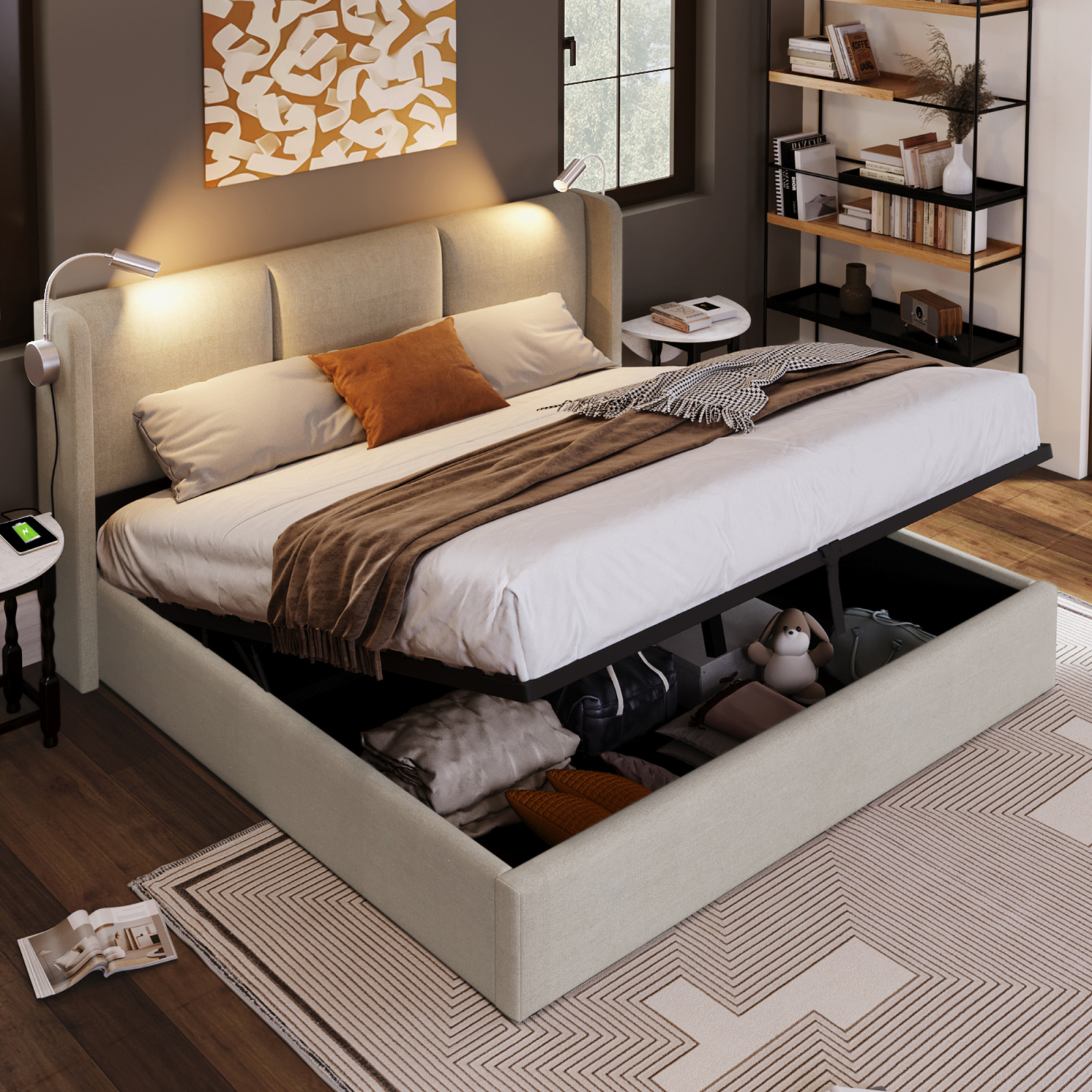 Vorteipoge - Lit Coffre Double 160x200 Cm - Sommier En Bois Massif - Tête De Lit Avec Liseuse Et Port Usb - Grand Espace De Rangement - Revêtement Lin - Pour Chambre Adulte Et Petite Pièce - Beige