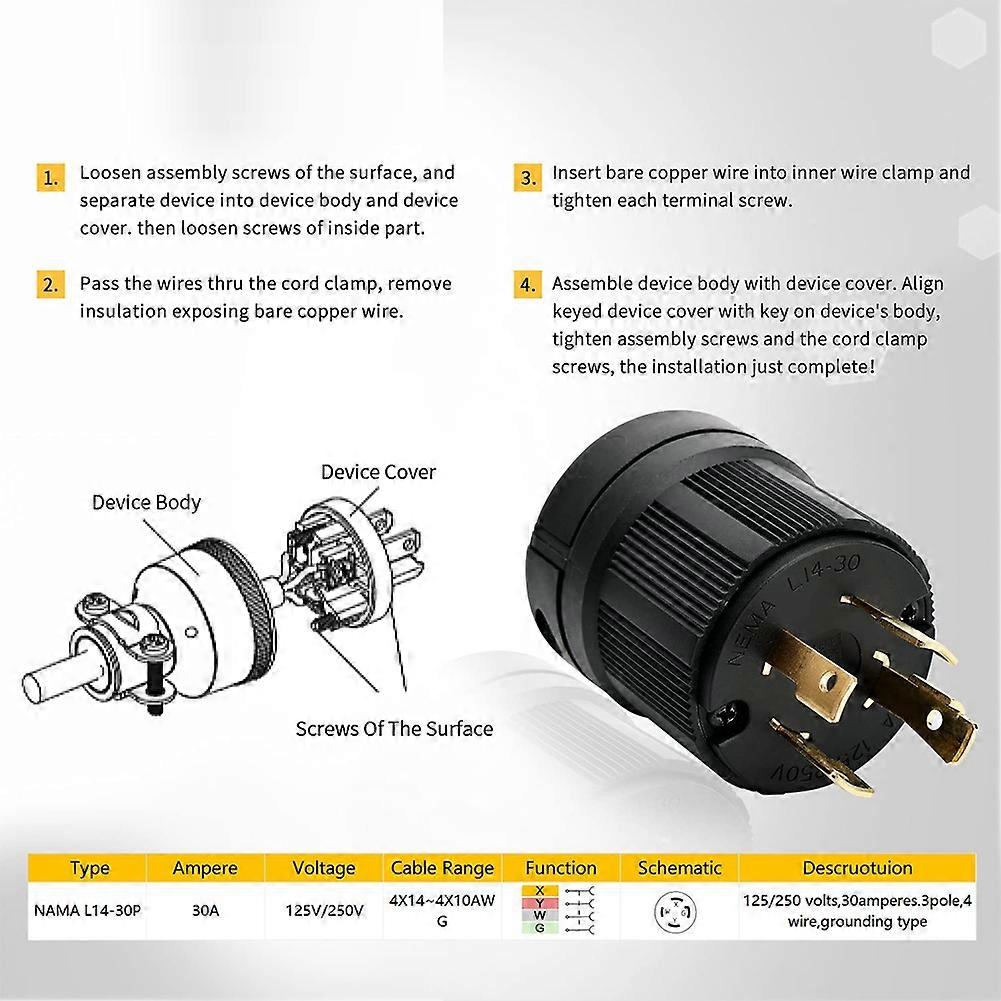 Prise et connecteur verrouillables NEMA L14-30P et L14-30C, 30 A 125/250 V, 3 pôles 4 fils avec mise à la terre