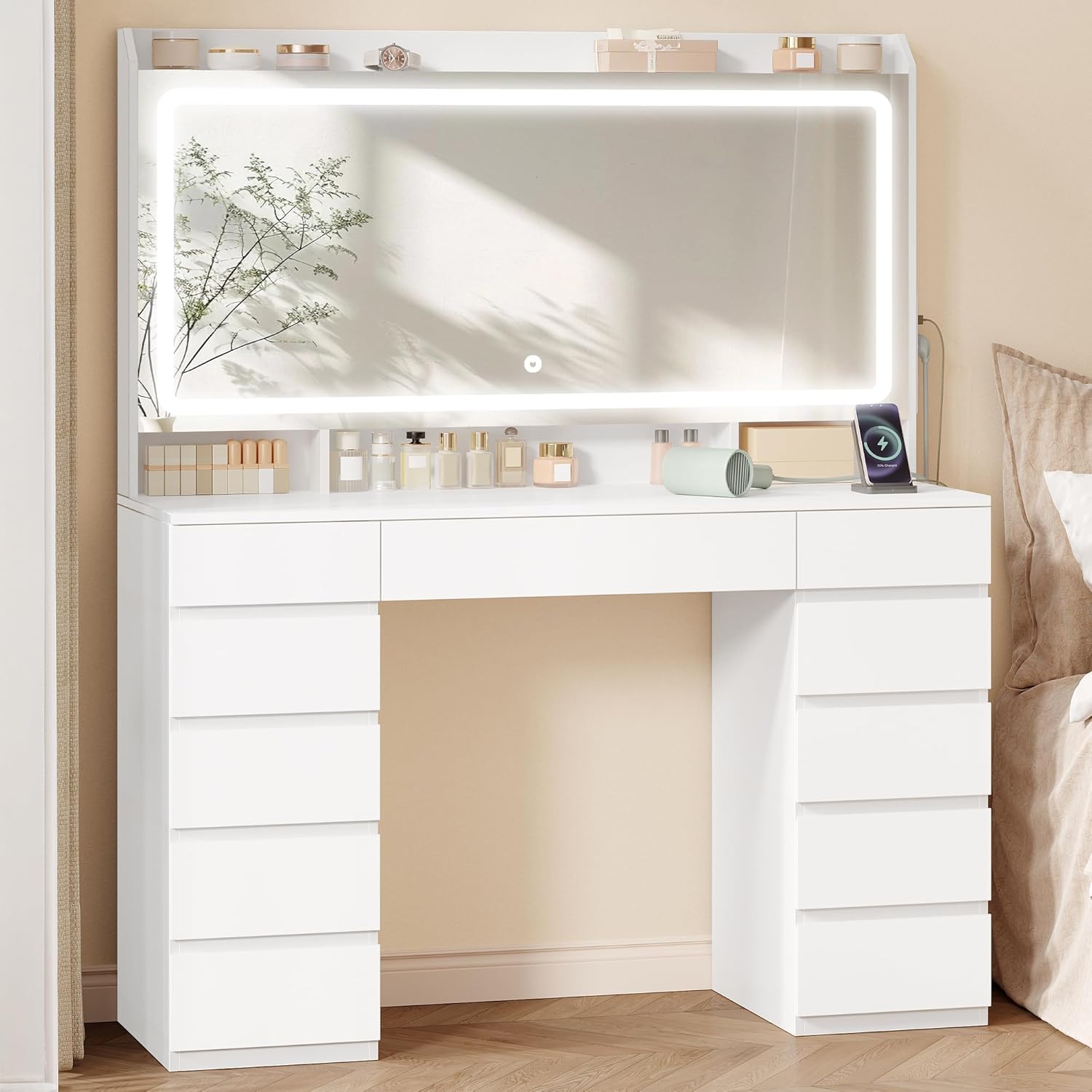 Coiffeuse Avec Miroir Hd Et Lumières Led – 11 Tiroirs – Rangement