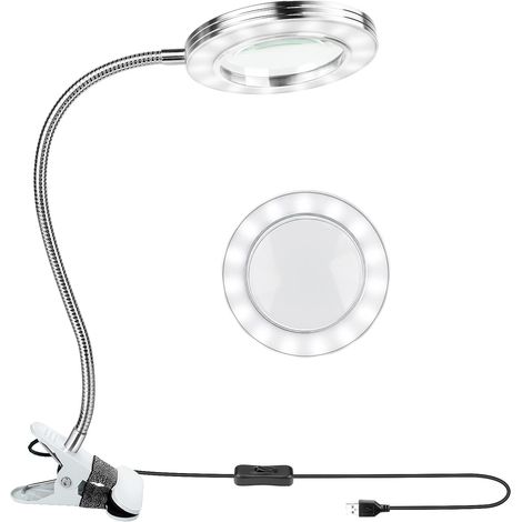 Lampe loupe à LED avec pince en métal, grossissement 8x, col de cygne orientable à 360°, alimentation USB