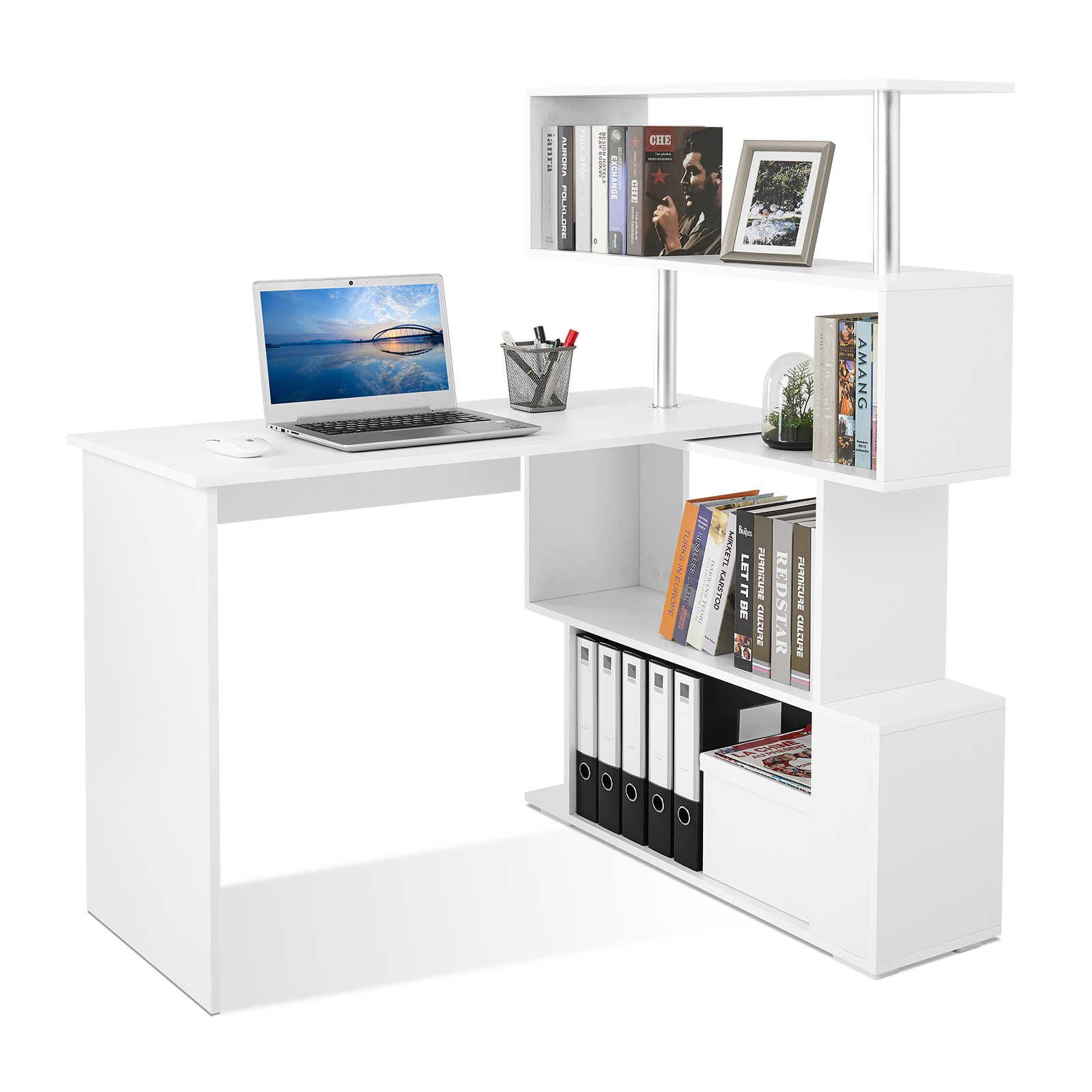 Mondeer – Bureau D'Angle Rotatif 360° Avec Bibliothèque Intégrée – Design Minimaliste – Dimensions 106-157x45x75 Cm – Structure En Bois Massif Et Acier Inoxydable