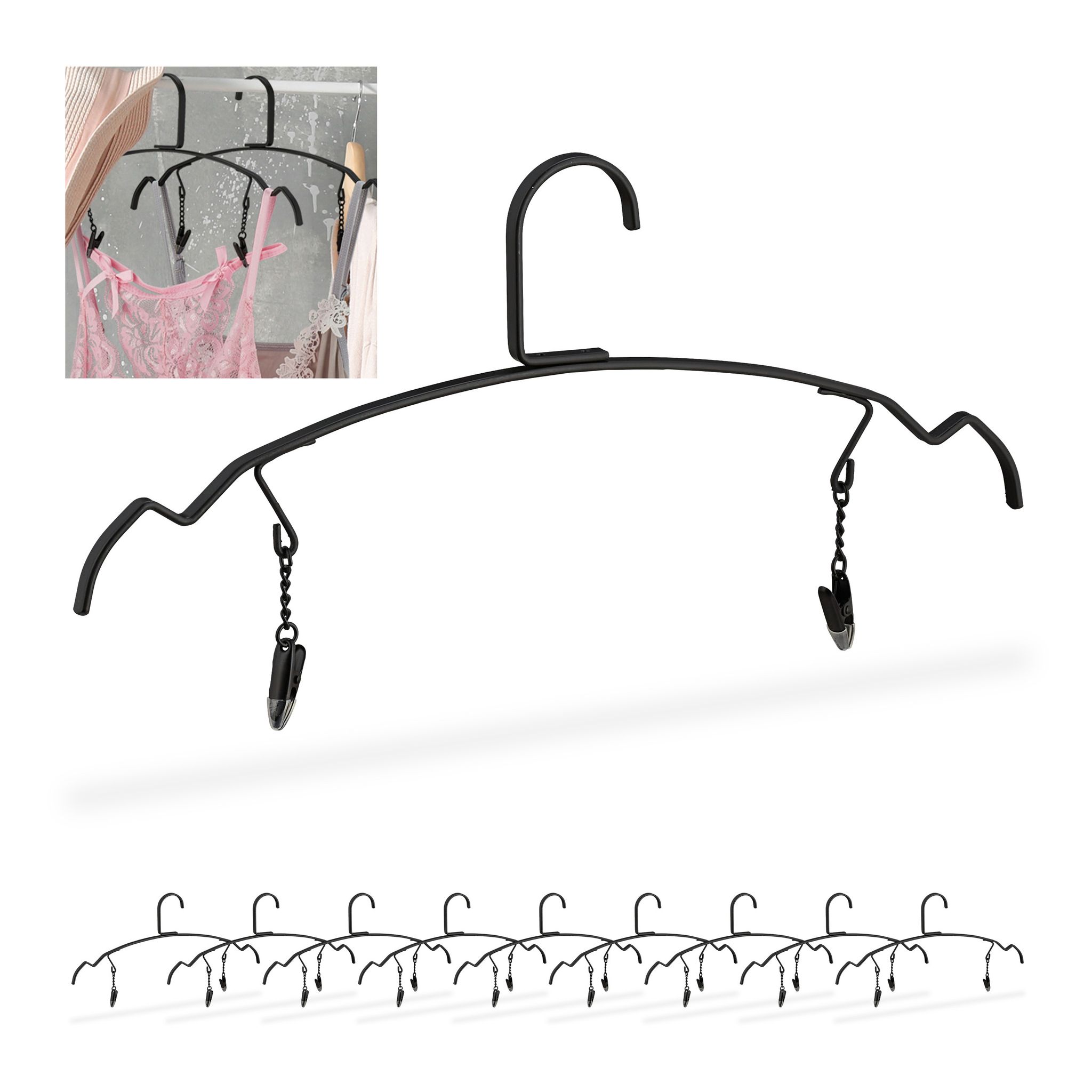 Relaxdays 40 X Kleiderbügel, Dessous & Lingerie Bügel Mit 2 Klammern, Unterwäschebügel Metall, 33 Cm Breit, Clipbügel, Schwarz