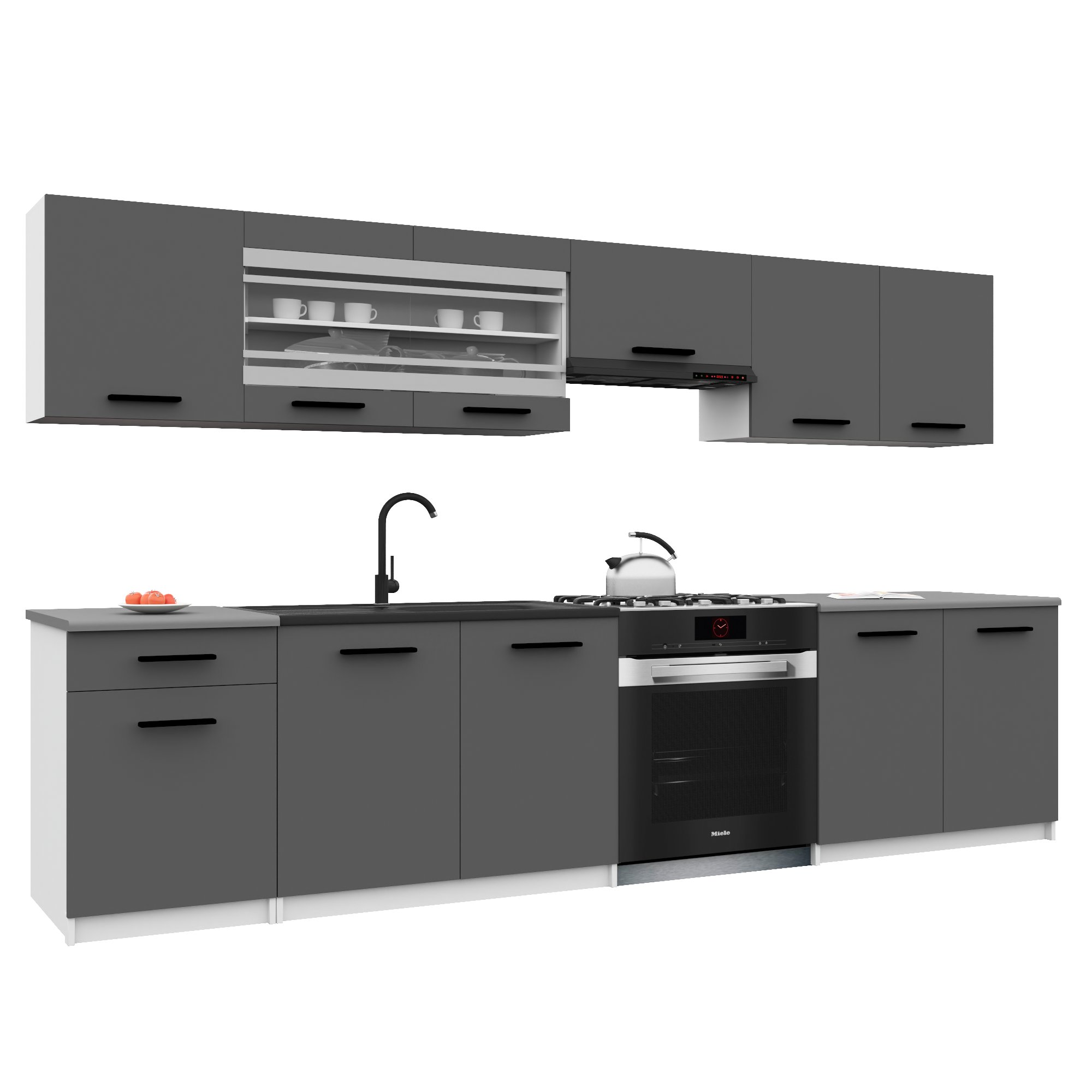 Belini Italia 4 Cuisine Equipée Modulaire Complète - 260 Cm. Meubles Hauts Bas Avec Plan De Travail, Gris Mat