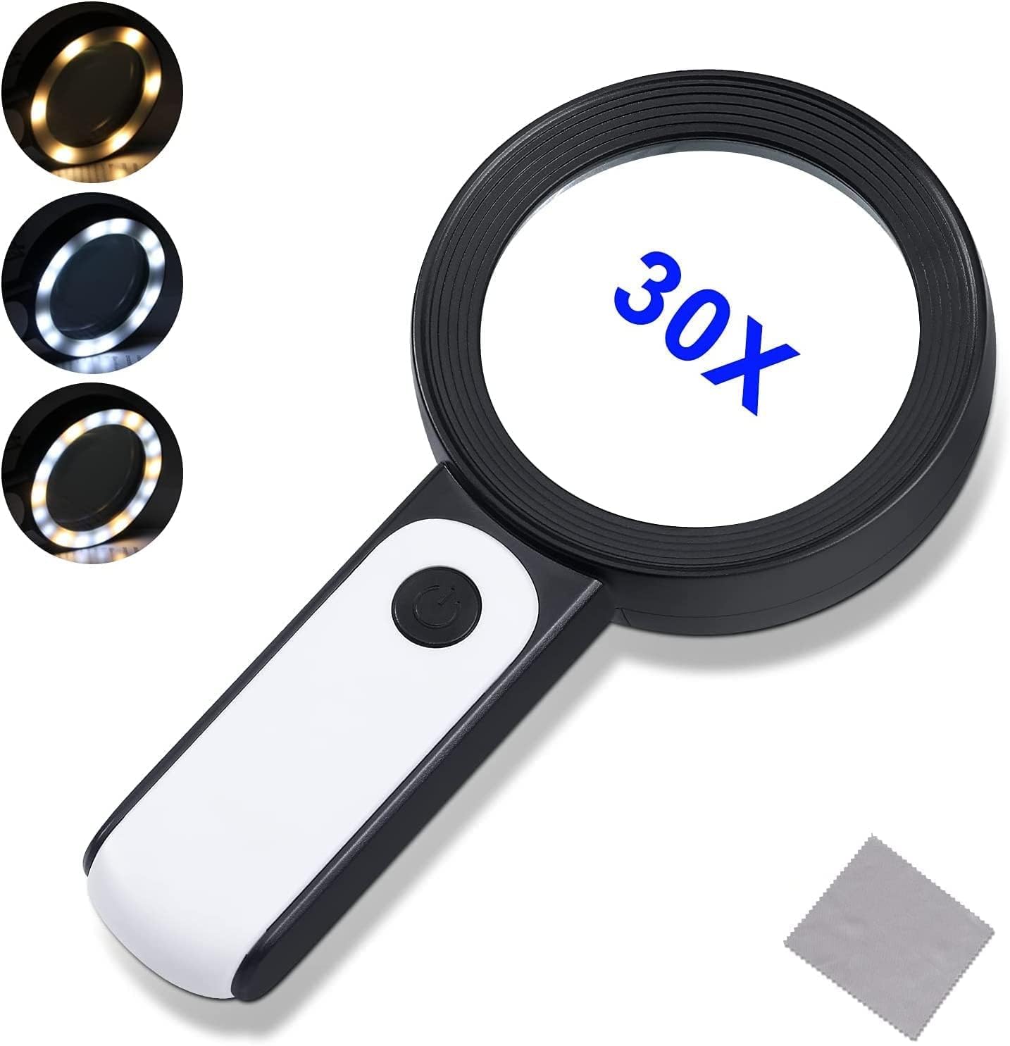 Loupe de lecture 30x avec 18 LED, lentille en verre 80 mm, 3 modes d'éclairage