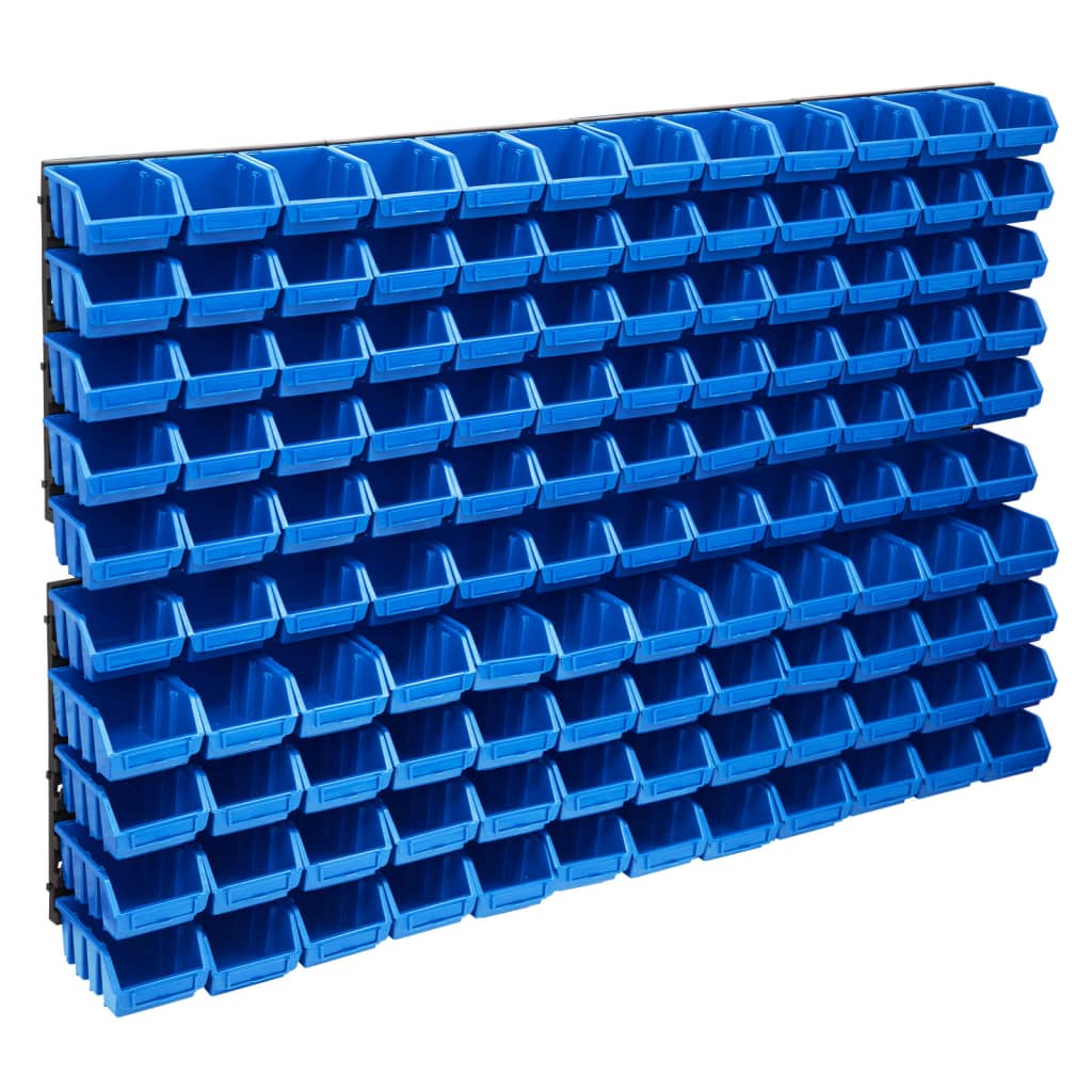 Kit de rangement mural 128 pièces, 8 panneaux et 120 bacs plastique bleu et noir, vis et petites pièces