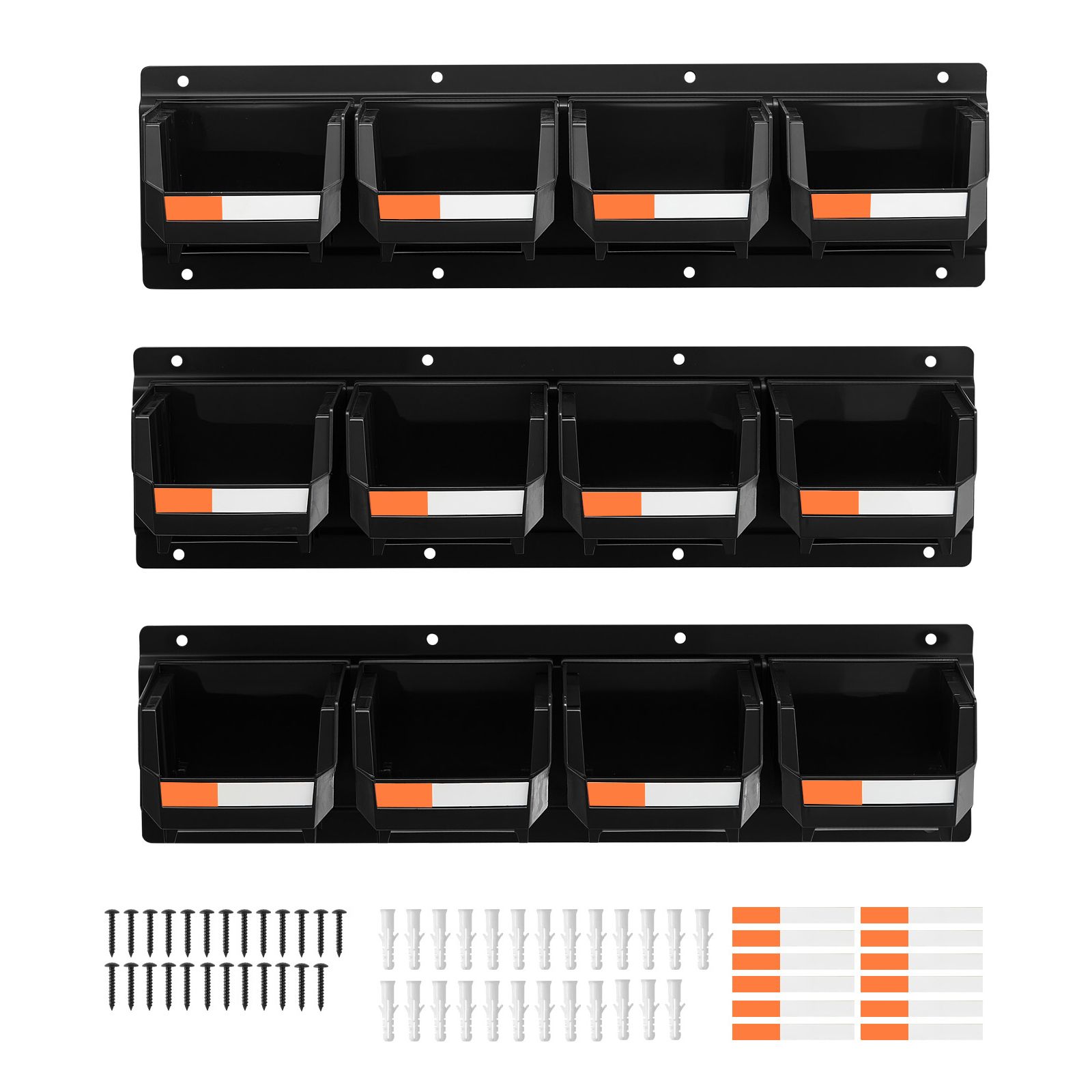 Rangement mural empilable avec 12 bacs plastique et 3 rails métal, pour vis, écrous et boulons, noir, lot de 12