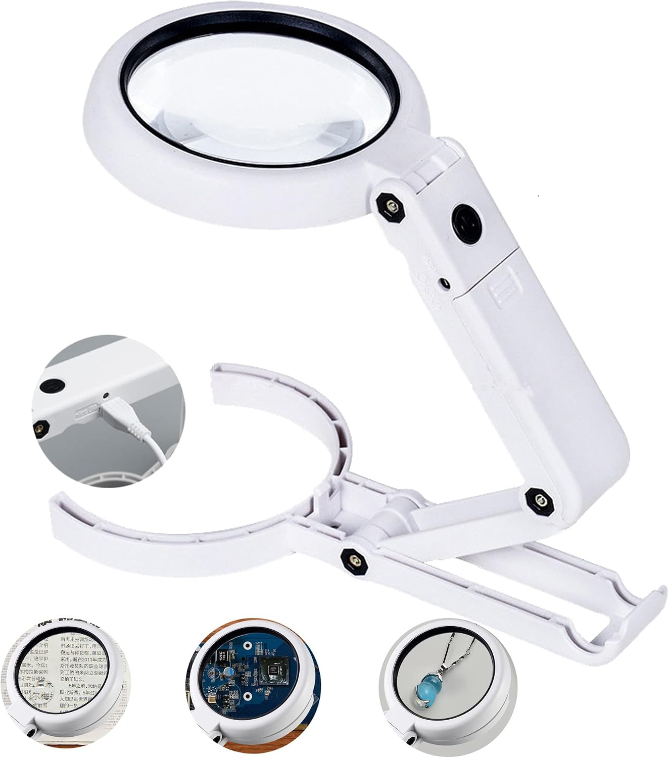 Loupe de poche éclairée sur support, verre véritable, 8 LED, poignée antidérapante