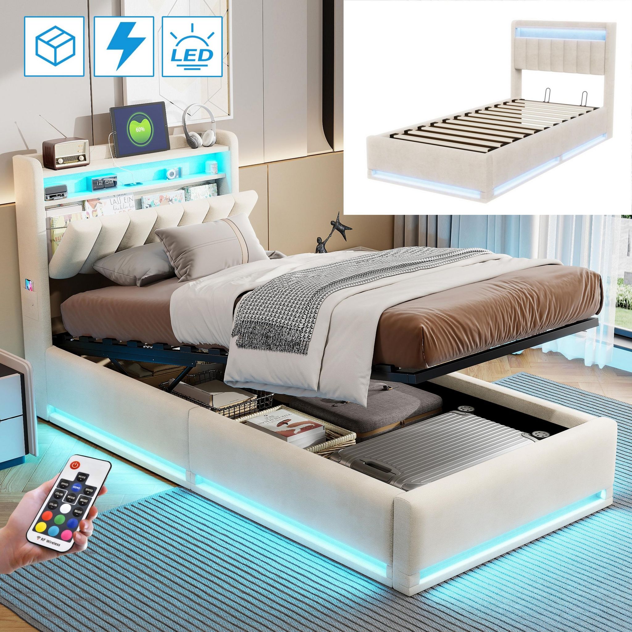 Lit Coffre 90x190 Cm, Avec Led
