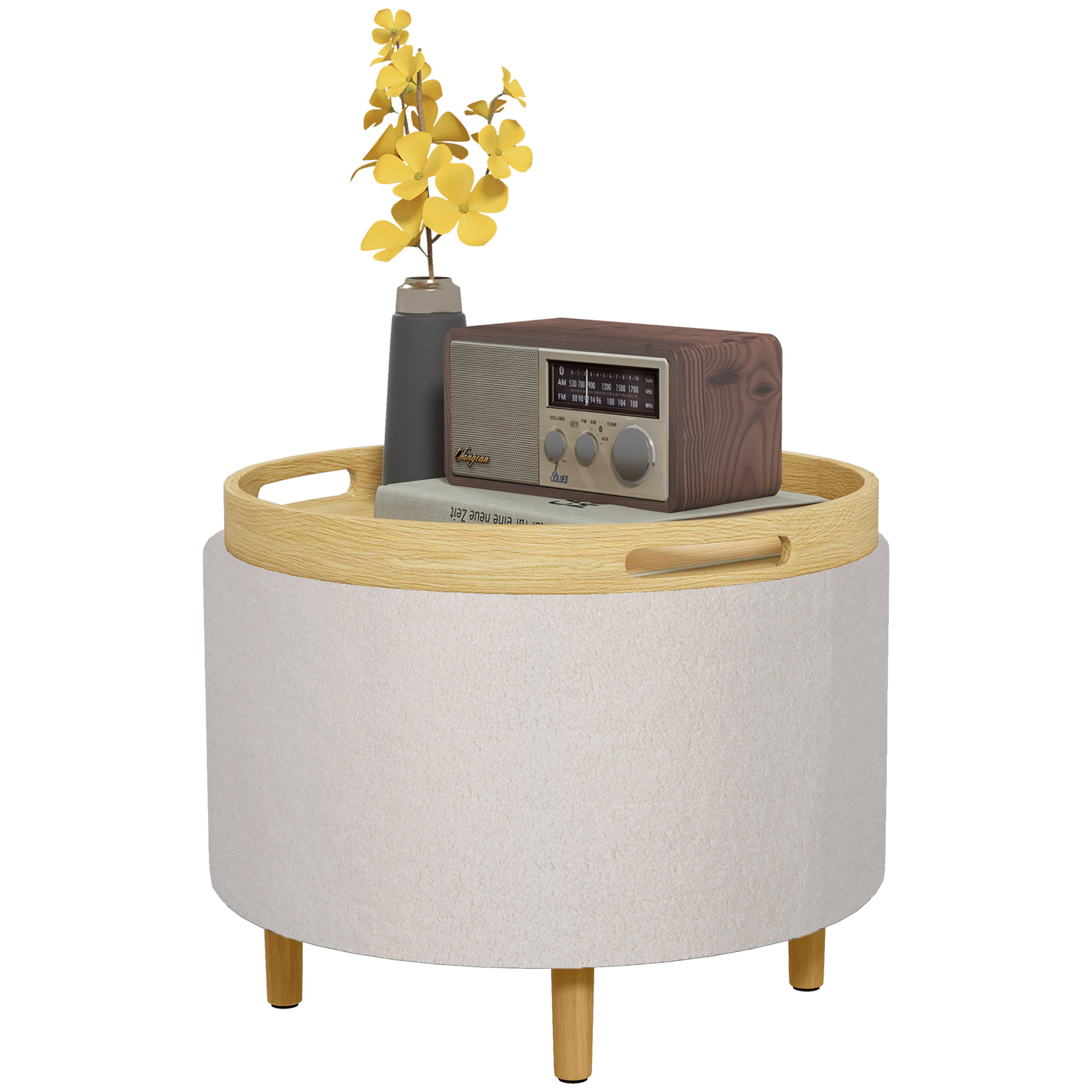 Sitzhocker Mit Stauraum Hocker Mit Klappdeckel, Runder Fußhocker Sitzwürfel Polsterhocker Mit Holzbeine, Samtoptik 56 X 42 X 42 Cm Weiß - Homcom
