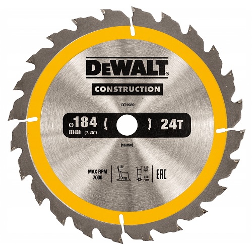 Dewalt Dt1939-Qz Kreissägeblatt 184 X 16 Mm, 24 Zähne, Genageltes Holz
