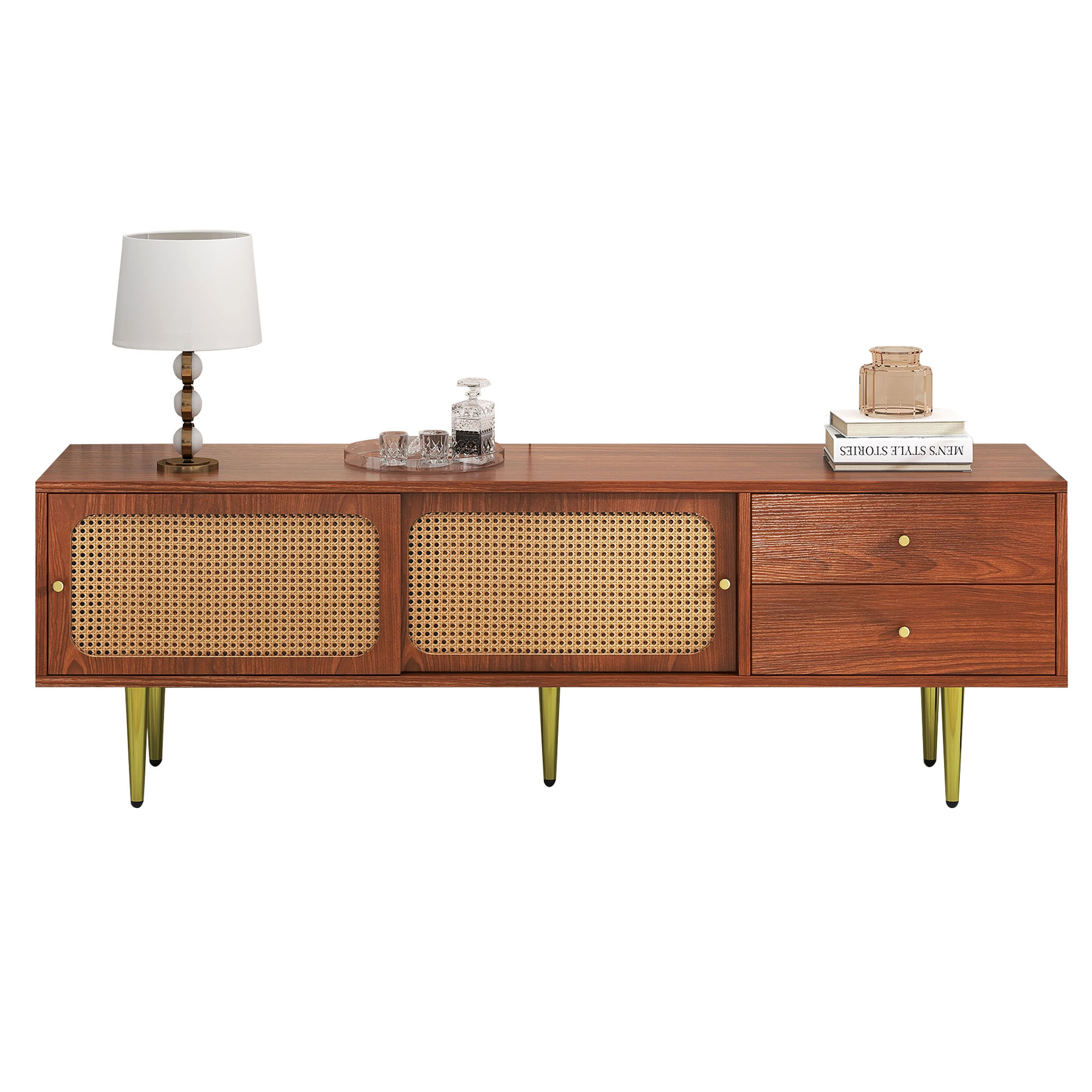 Stilvora Tv-schrank Mit 2 Rattan-schiebetüren, 2 Schubladen Und 4 Fächern, Kabeldurchführung, Für Wohnzimmer, 160 X 40 X 60 Cm