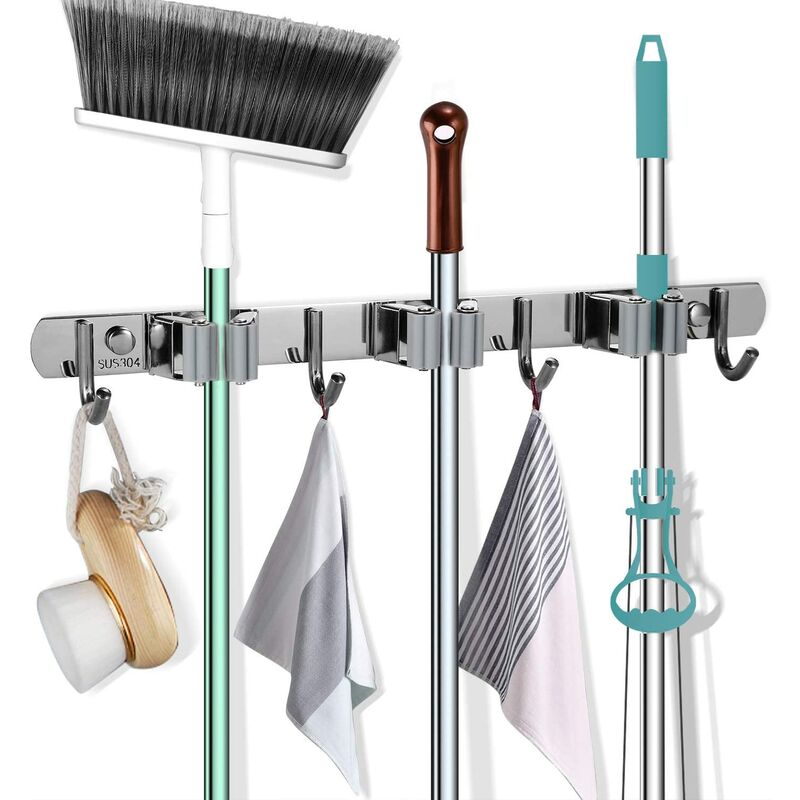 Support mural balai et vadrouille en acier inoxydable 304 noir, 3 attaches et 4 crochets, 13,6 kg
