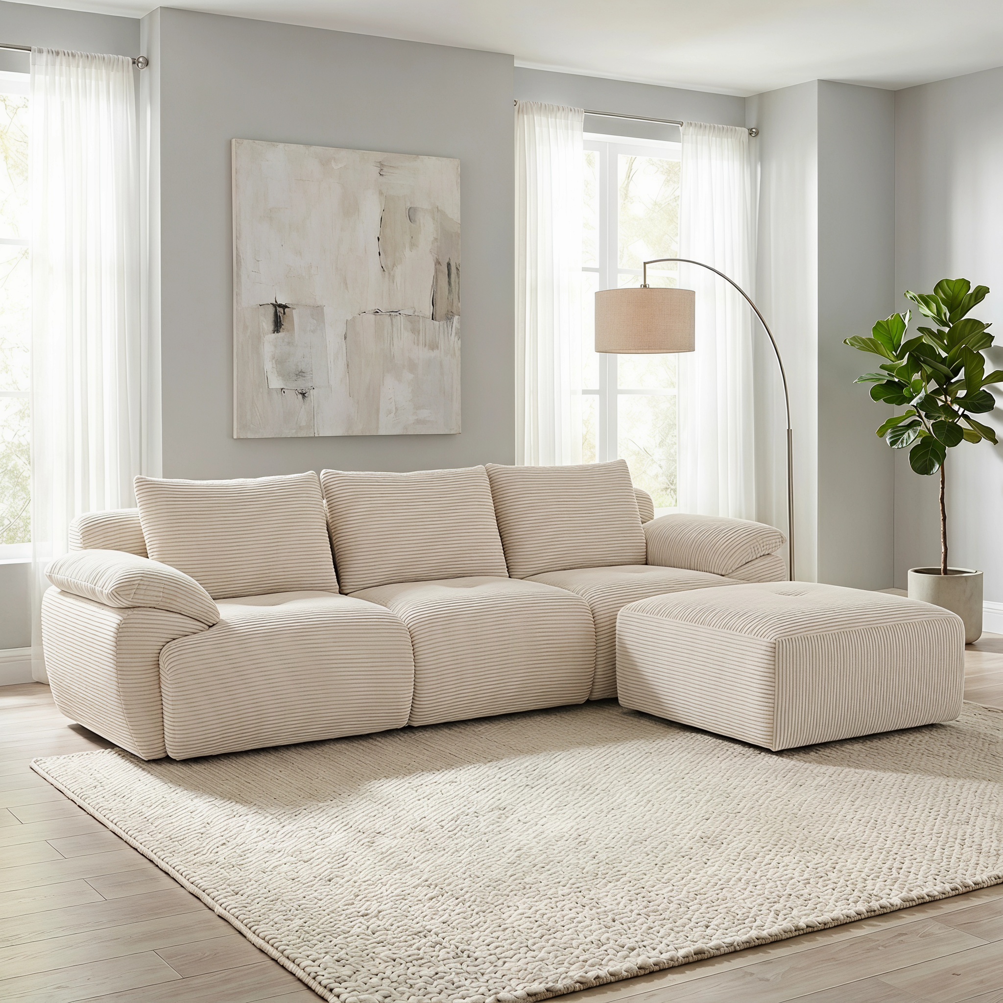 Canapé D'Angle, Canapé Modulable 3 Places Avec Pouf Et 3 Coussins