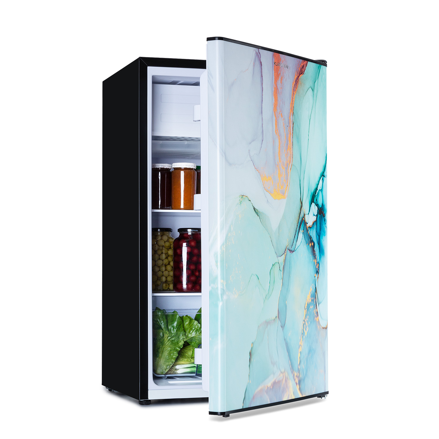 Combiné Réfrigérateur-congélateur Klarstein CoolArt 79L compartiment congélateur 9l porte Noir et marbe Bleu claire