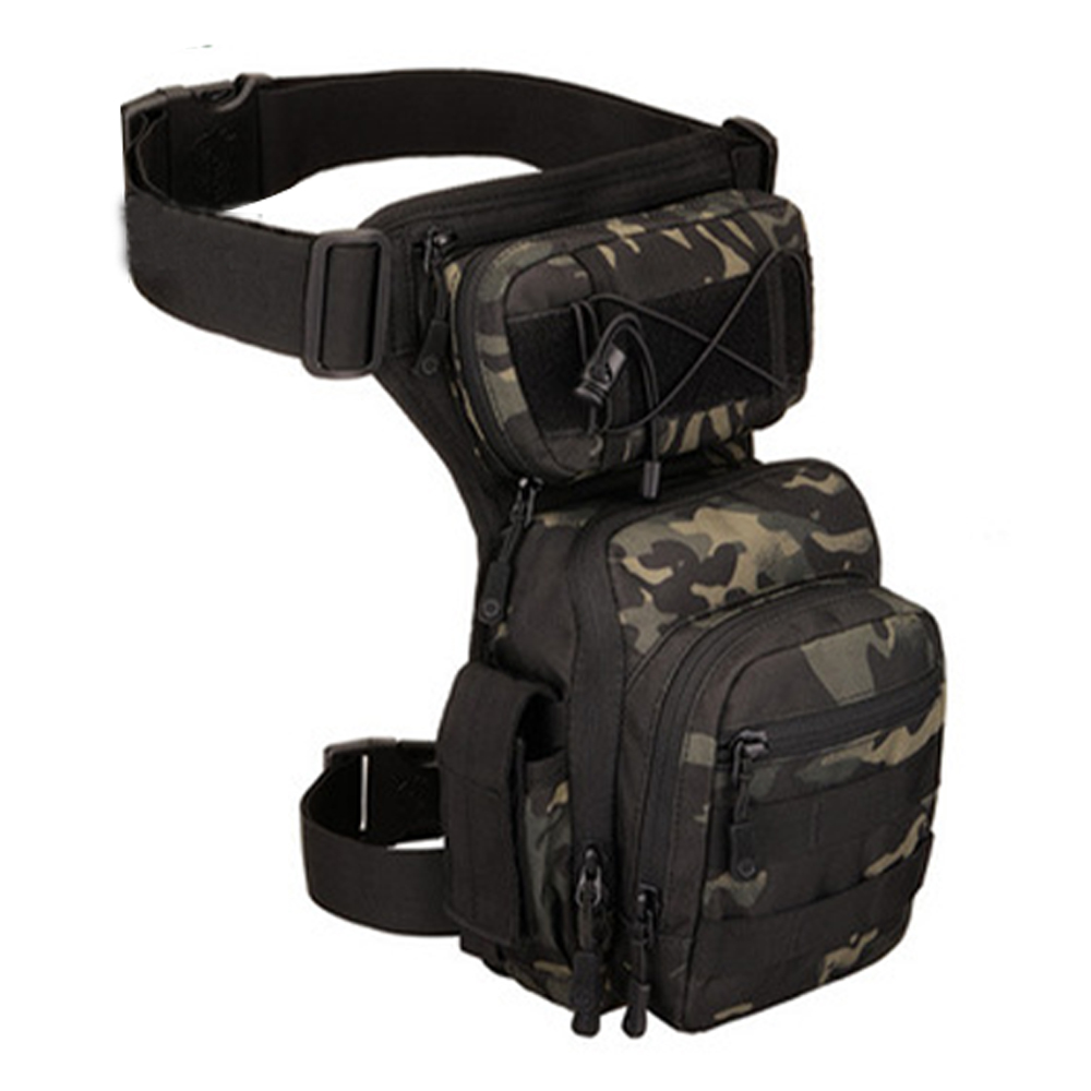 Sac de cuisse tactique en nylon noir, compartiments multiples, système Molle, déperlant