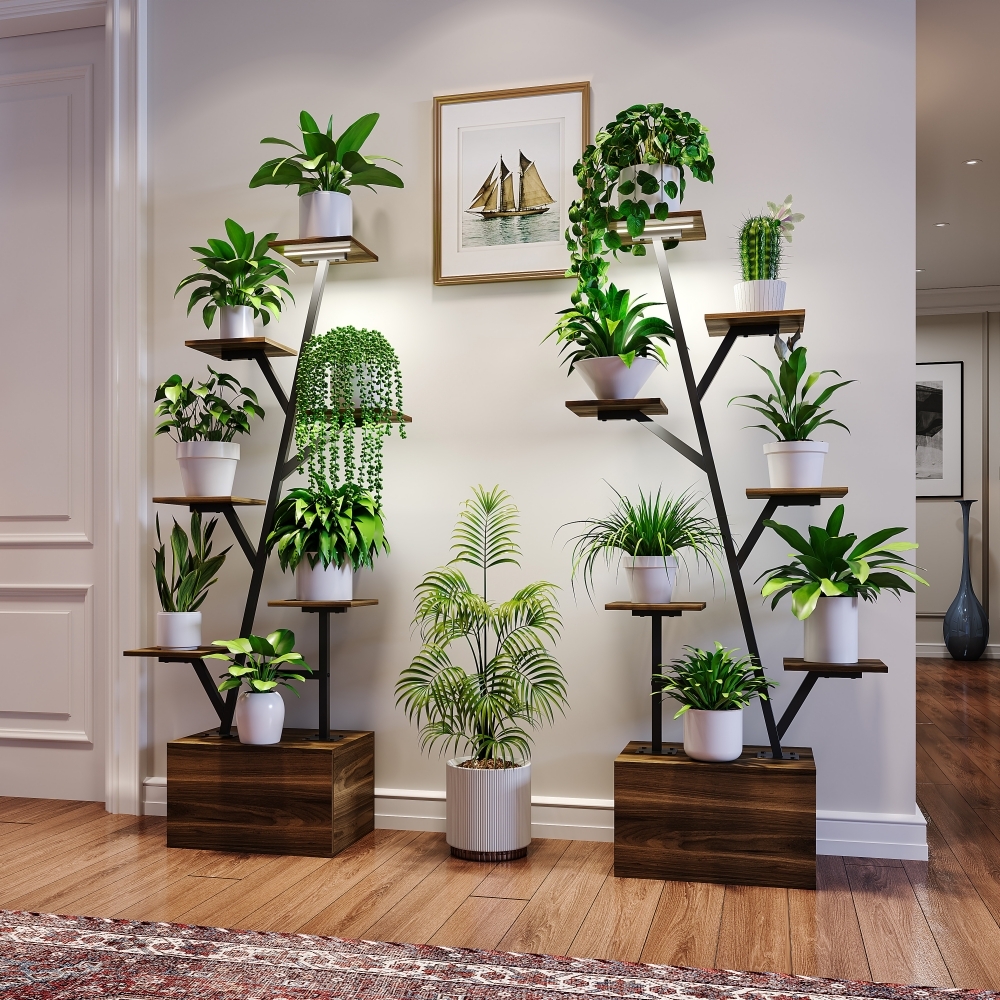 Porte Plante Interieur - Lot De 2 Étagères À Plantes 7 Niveaux En Forme D'Arbre Avec Éclairage De Croissance Et Meuble De Rangement, Support À Fleurs