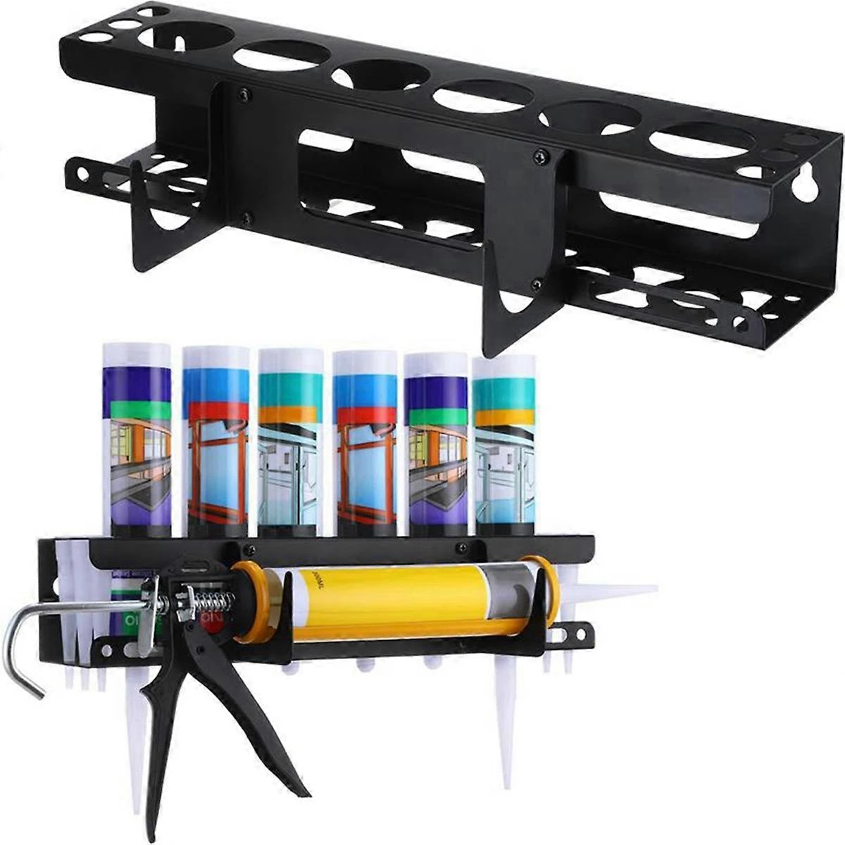 Support mural pour tubes de mastic et de graisse, acier revêtu, 6 emplacements, vis fournies