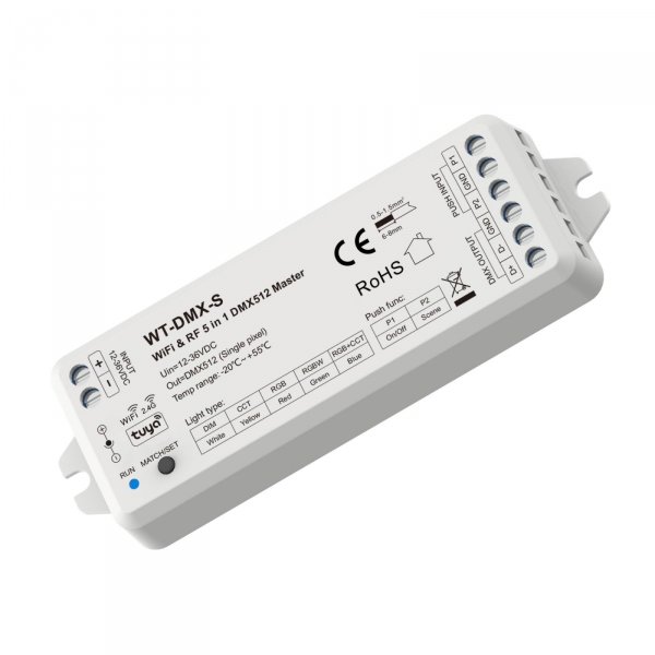 Controller Wifi Dmx512 Master, App Tuya Smart Life, Rf 2.4ghz E Push, 5 In 1per Dim Cct Rgb Rgbw Rgb+cct, 12v 24v 36v Dc, 8 Bit 16 Bit, Controllo Vocale