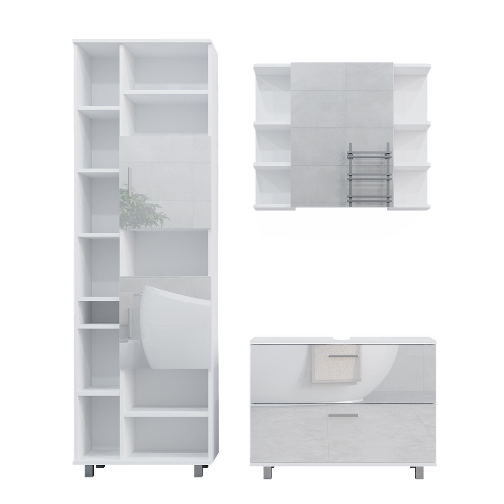 Vicco Badmöbel-Set Ilias Weiß Hochglanz modern Waschtischunterschrank Spiegelschrank Hochschrank