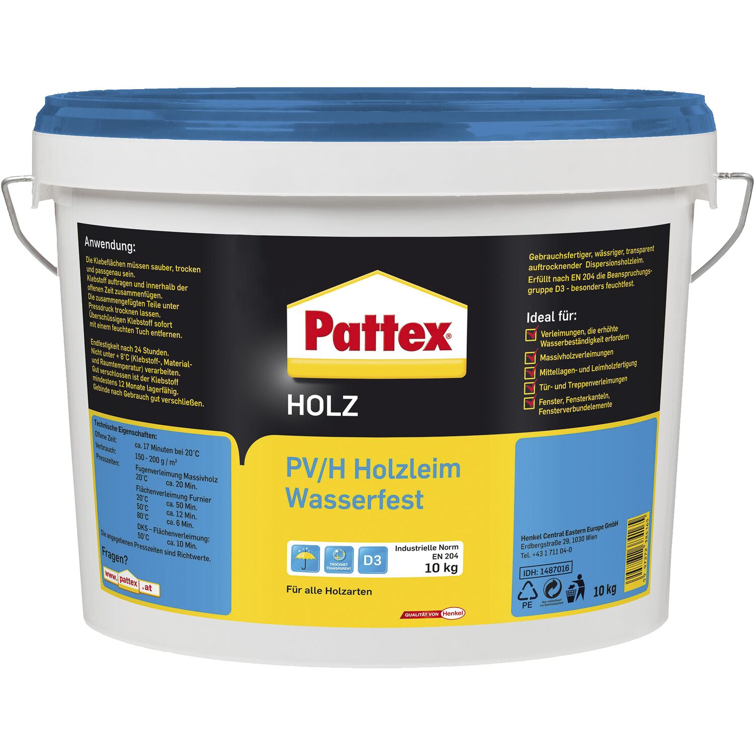 Henkel Pattex Holzleim Wasserfest Leim D3 Mit Hoher Wasserbeständigkeit - Holzkleber Extra Stark Für Alle Holzarten - Holzleim Für Treppen, Fenster Und Massivholz, 10Kg Transparent