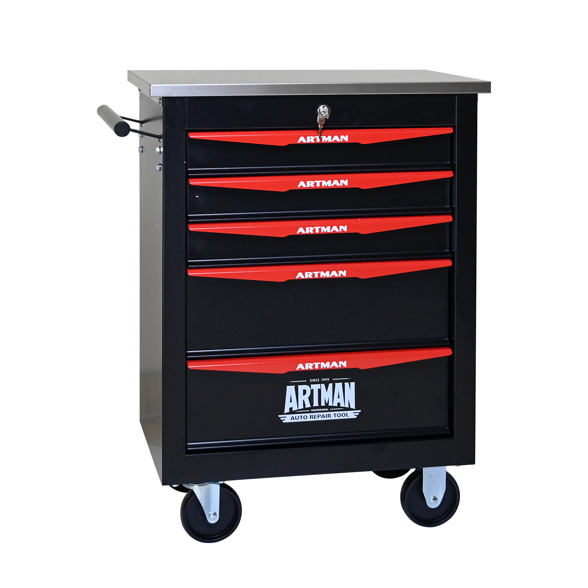 Chariot à outils 5 tiroirs en acier, plan de travail inox, roulettes pivotantes 4" dont 2 freins, serrure à clé