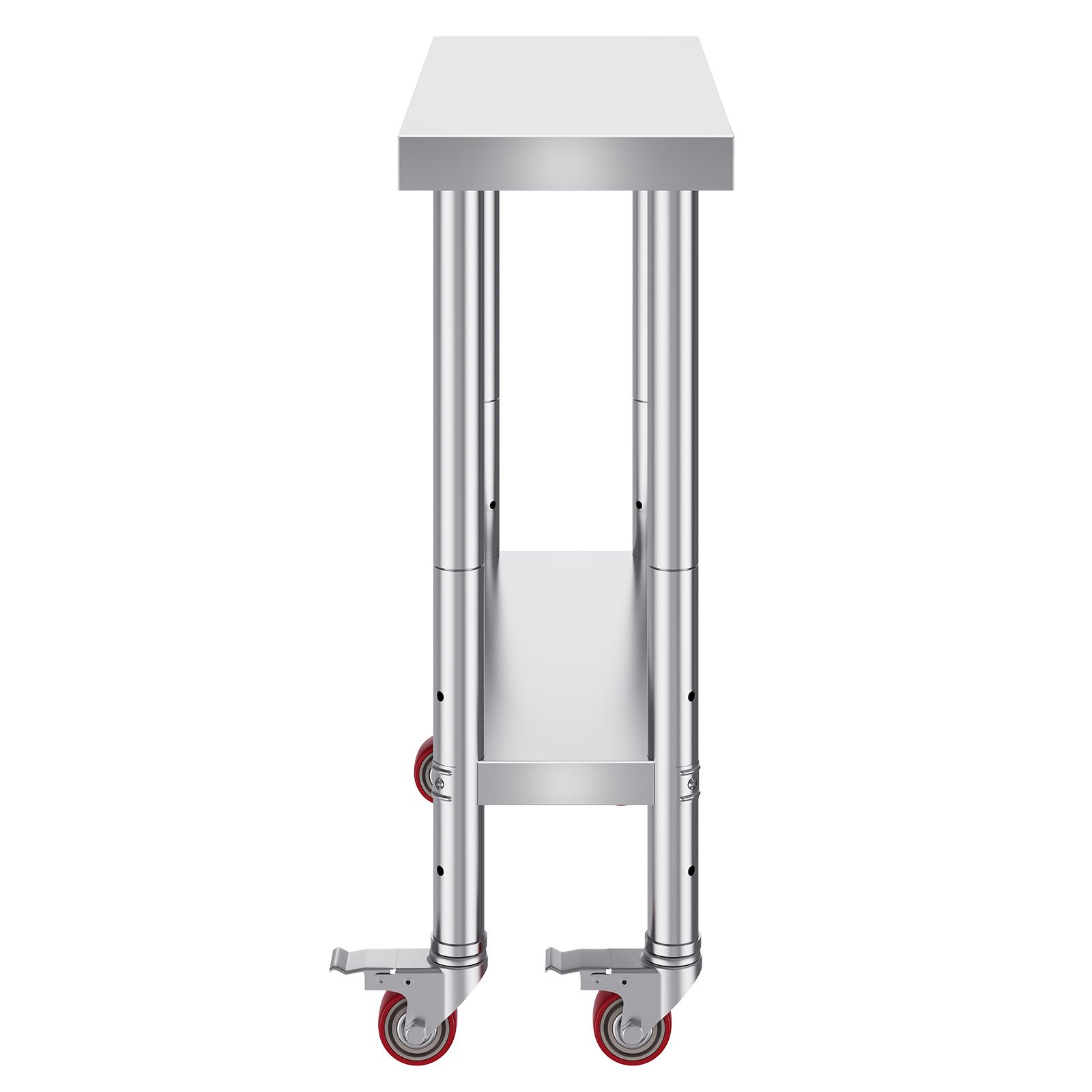 Table de travail en acier inoxydable SUS201, 2 étagères, 4 roulettes dont 2 freins, 3 hauteurs réglables
