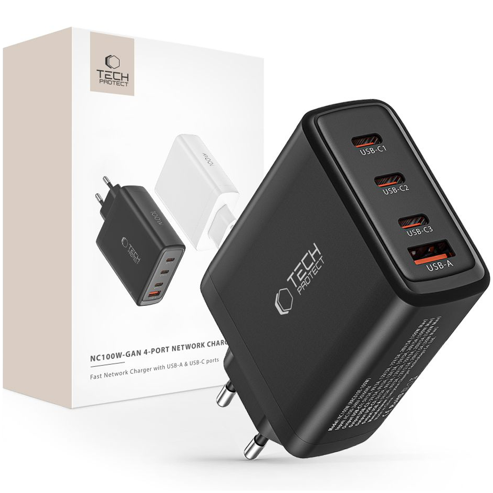 Tech-Protect NC100W-GAN GaN-Ladegerät 100 W 3x USB-C + 1x USB-A, schwarz - Bild 4