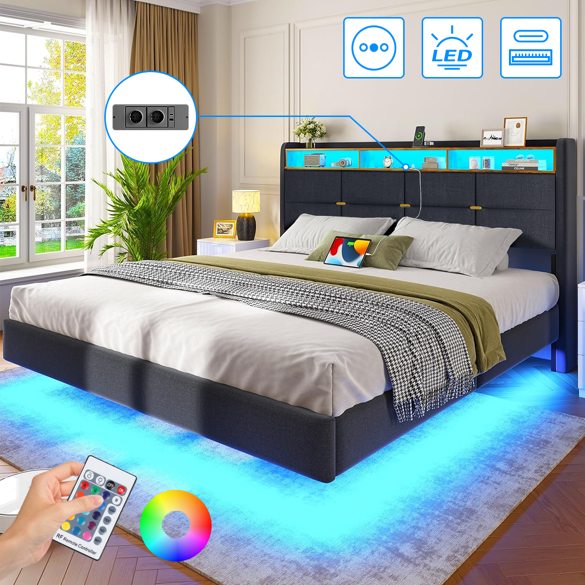 Lit Flottant 140×190 Cm, Cadre De Lit Avec Éclairage Led