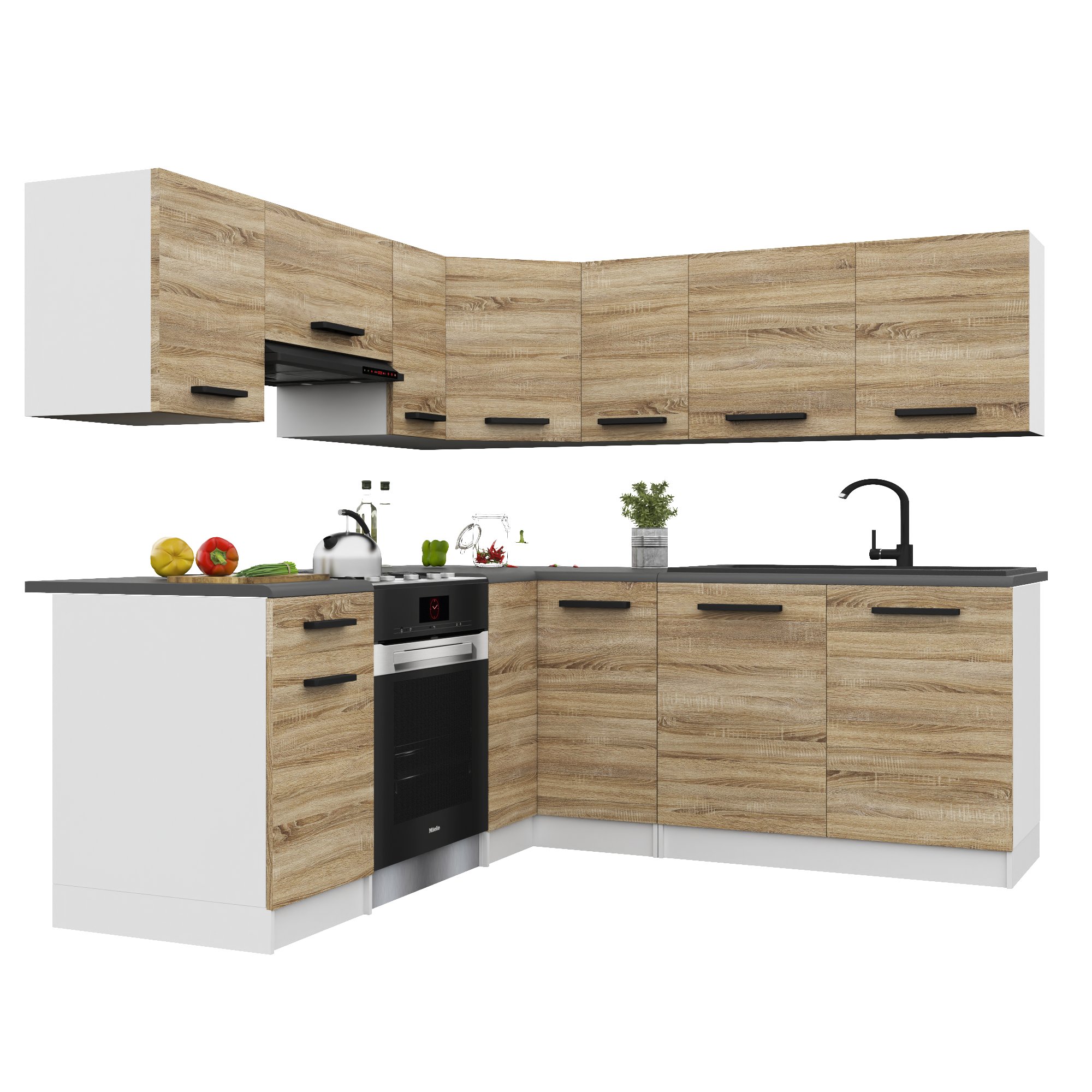 Belini Italia 6 Cuisine Equipée Modulaire Complète - 360 Cm. Meubles Hauts Bas Avec Plan De Travail, Chêne Sonoma