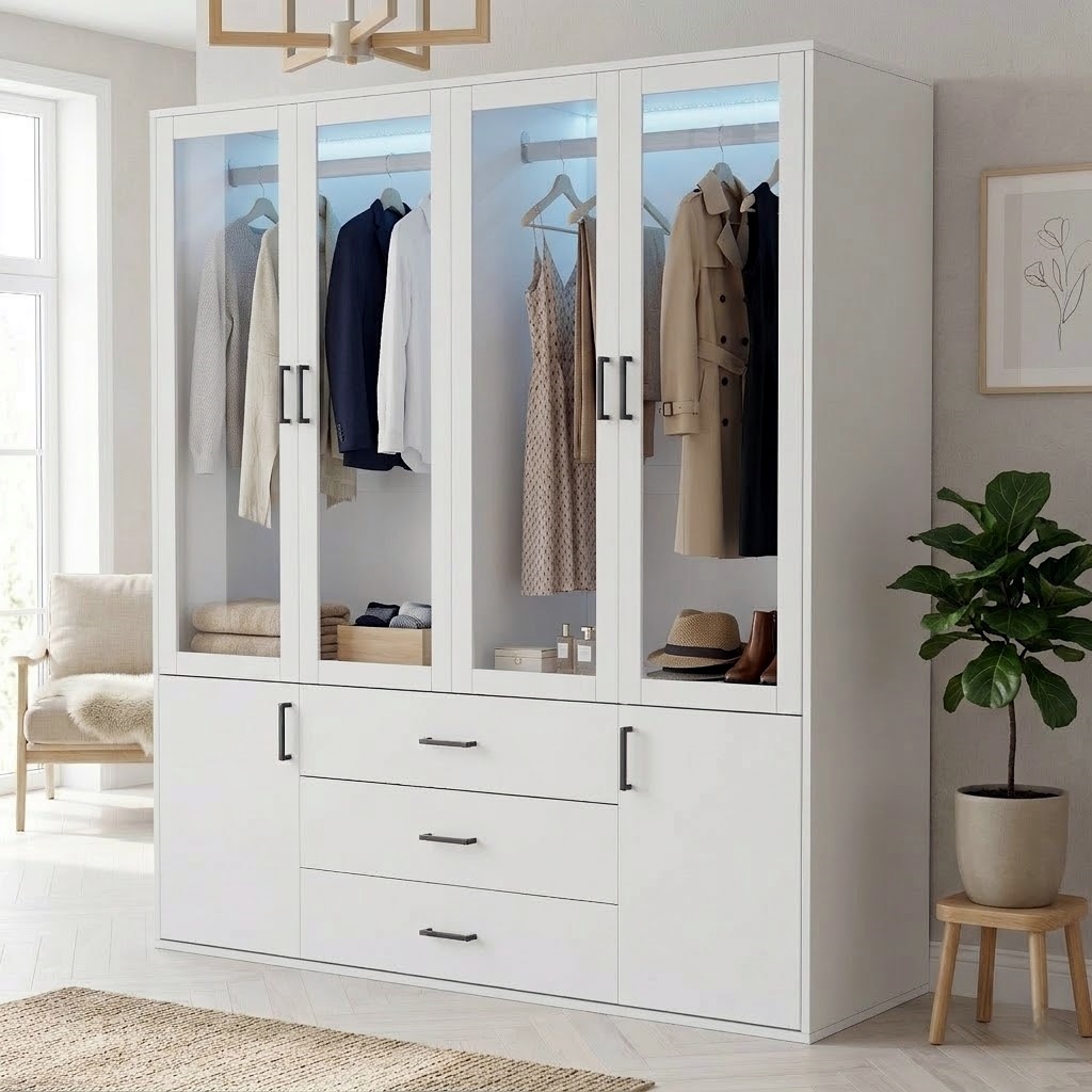 Armoire De Chambre Blanche Avec Penderie Et 3 Tiroirs, Garde-robe Dressing 4 Portes Vitrées Et 2 Portes, Grand Rangement Moderne, 160x182x52 Cm