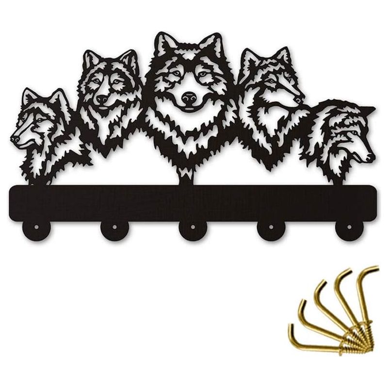 Crochet mural décoratif en bois motif loup, 5 crochets métal, 30 cm, charge 5 kg