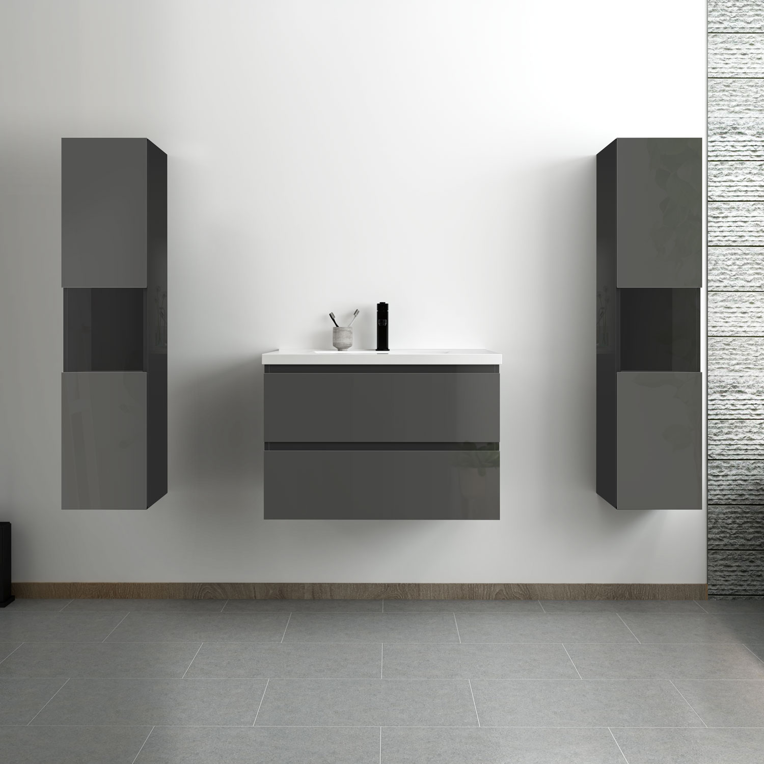 Ocean Ensemble Meuble Salle De Bain 80 Cm Anthracite Brillant Avec 2