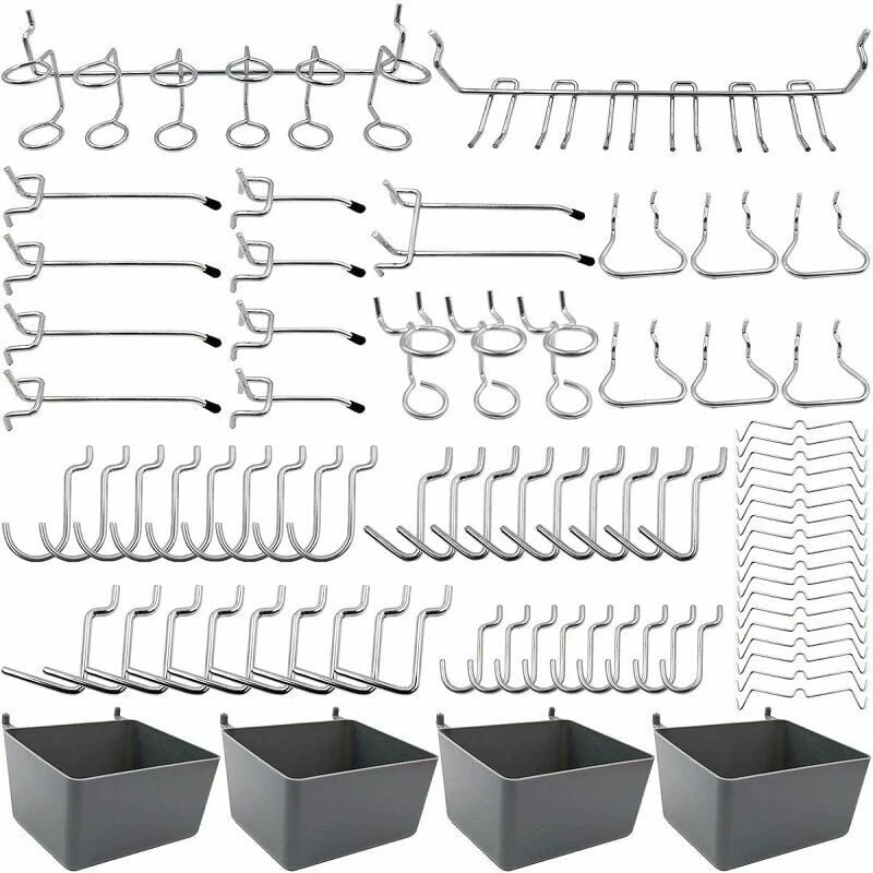 Crochets pour panneau perforé, 80 pièces en 13 types, fer nickelé, avec verrouillage inox