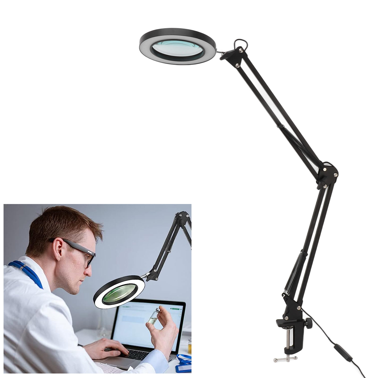 Lampe loupe de bureau 10x avec pince, 3 modes de couleur, intensité réglable, verre véritable, bras articulé 360°