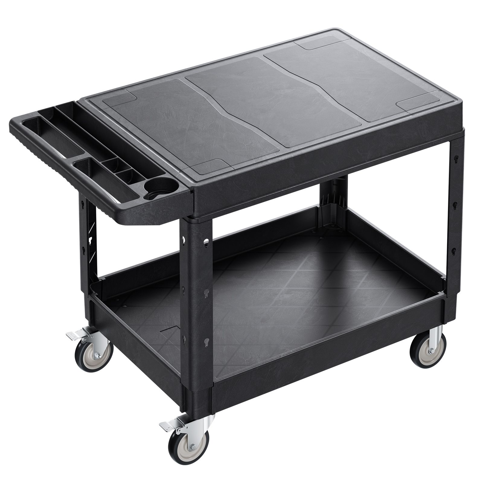 Chariot utilitaire robuste à 2 étagères en plastique résistant, 94 x 64,5 cm, roulettes pivotantes 360° dont 2 avec freins