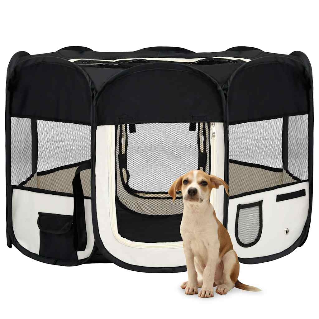 Vidaxl Schwarz Faltbarer Welpenlaufstall Mit Tragetasche 110X110x58 Cm