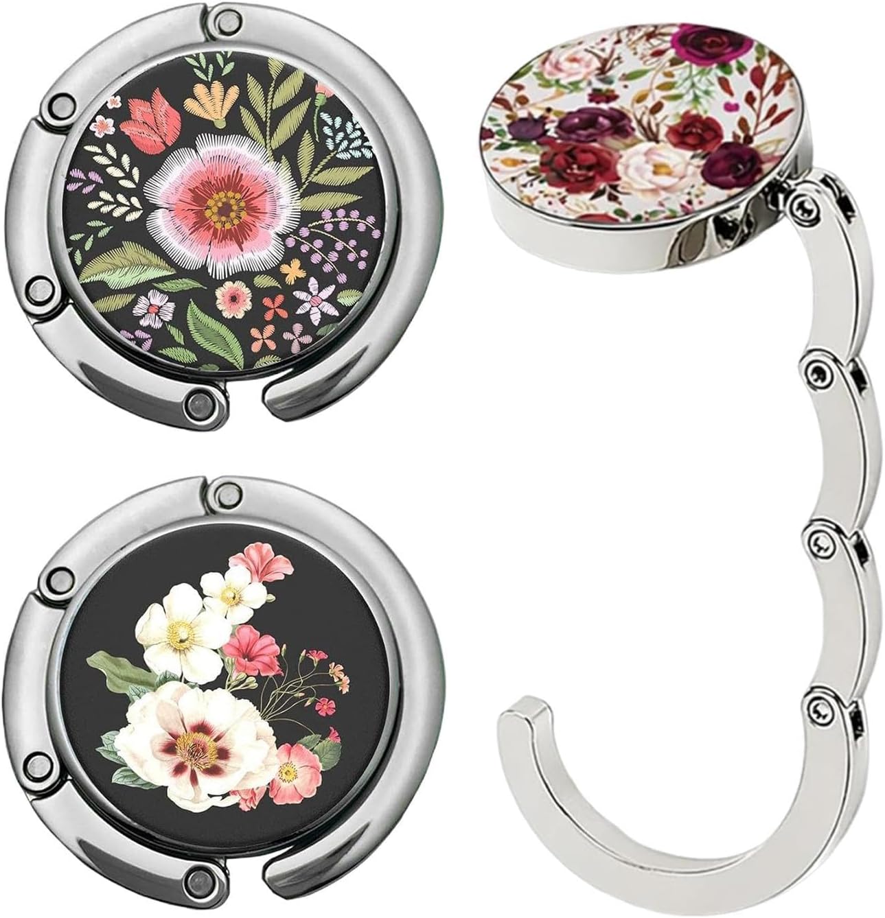 Crochet de table pliable pour sac à main en alliage d'aluminium, motif floral, lot de 3