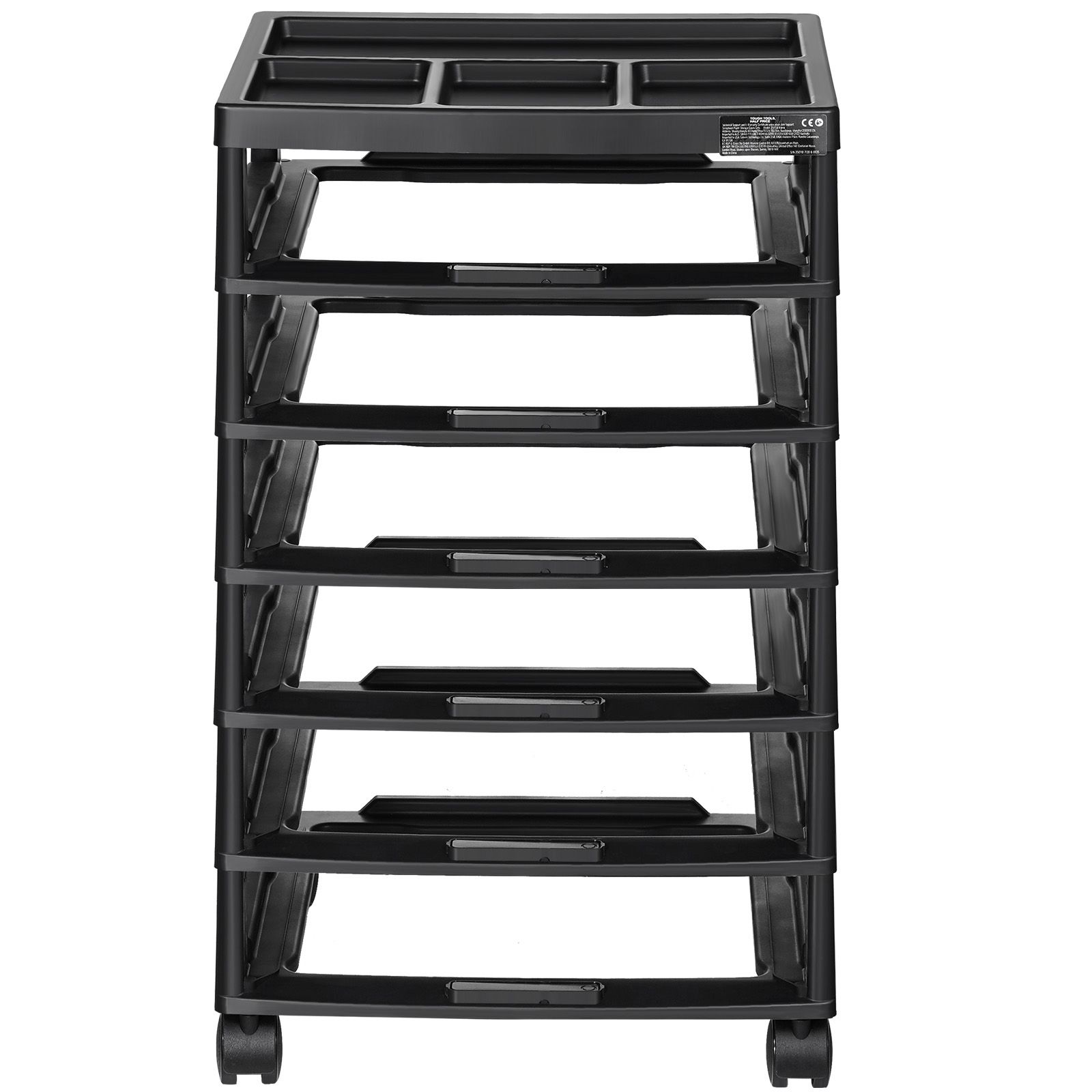 Chariot de rangement roulant 6 niveaux, dessus organisateur compartimenté, cadre noir, 4 roulettes amovibles avec frein