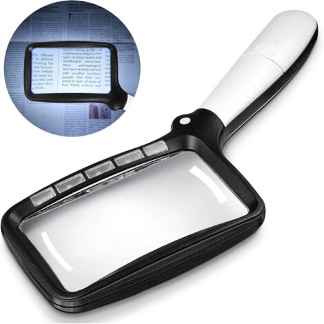 Loupe de lecture rectangulaire 3x avec 5 LED, poignée pliable, 2 modes de gradation