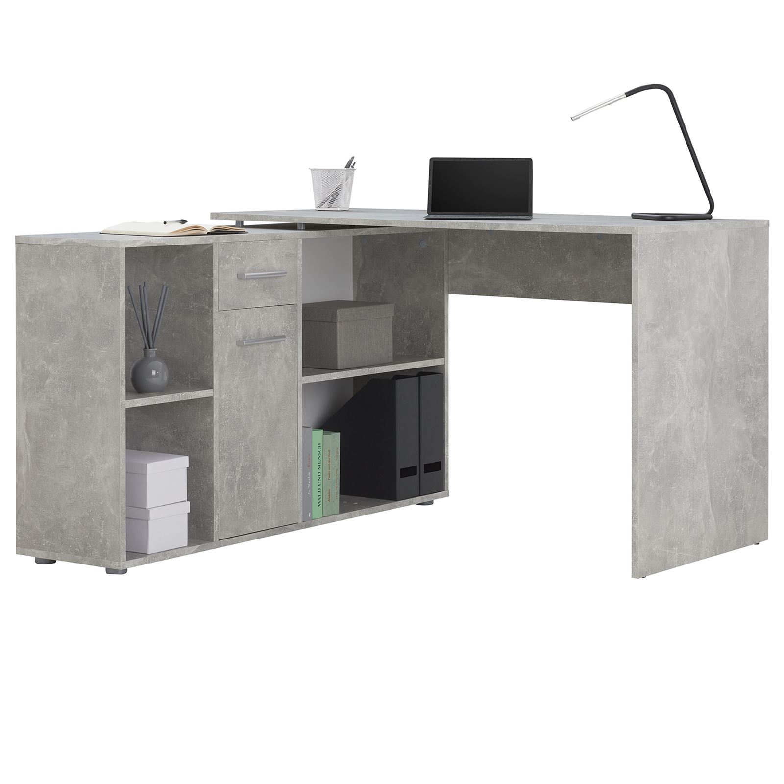 Idimex – Bureau D'Angle Béton Modulable 120x75 Cm – Meuble De Rangement