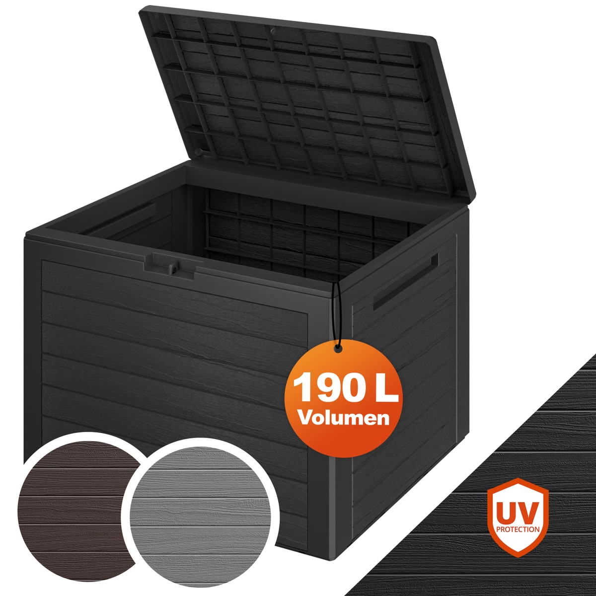 Gartenbox 190l Uv-beständig Griffmulden Verschlussvorrichtung Balkon Terrasse Wohnzimmer Wintergarten Box Kissenbox 78x44cm Holz-optik Farbwahl Anthrazit - Casaria