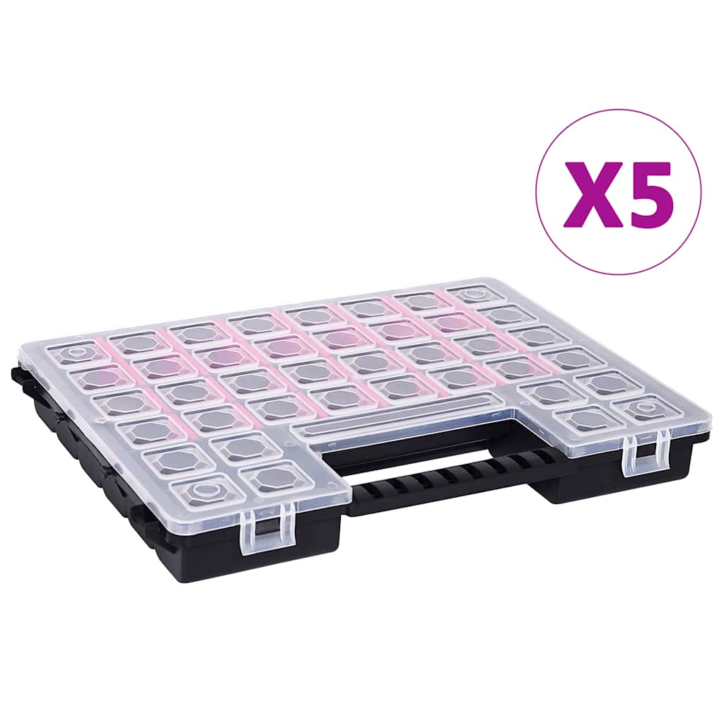 Boîtes d'assortiment à compartiments réglables en PP, couvercle transparent, 385 x 283 x 50 mm, lot de 5