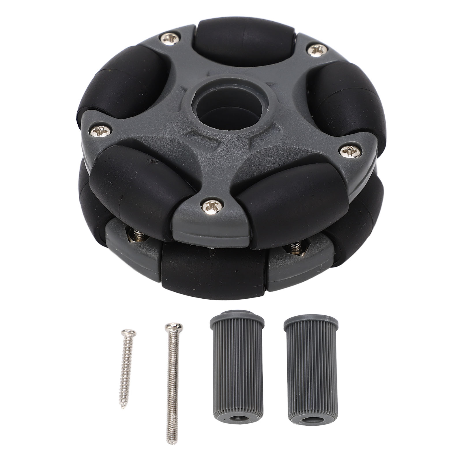 Roue omnidirectionnelle 58 mm double rangée en nylon et PE, 10 rouleaux, charge 3 kg, accouplements et vis fournis