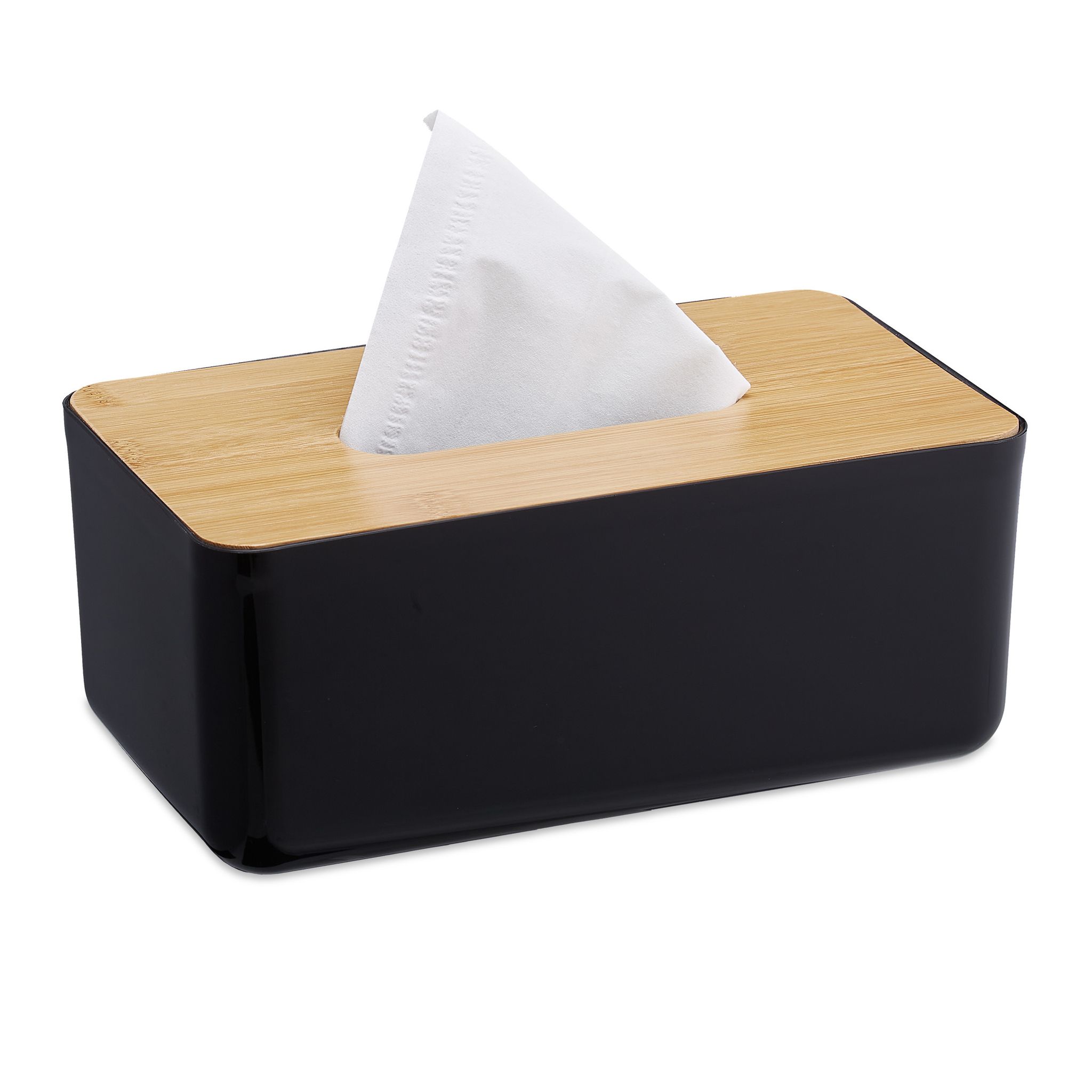 Relaxdays Schwarz Kosmetiktücher Box Fürs Bad, Kunststoff, Holz-Deckel, Nachfüllbar, Tücherbox, Hbt: 10X23x13 Cm, /Natur