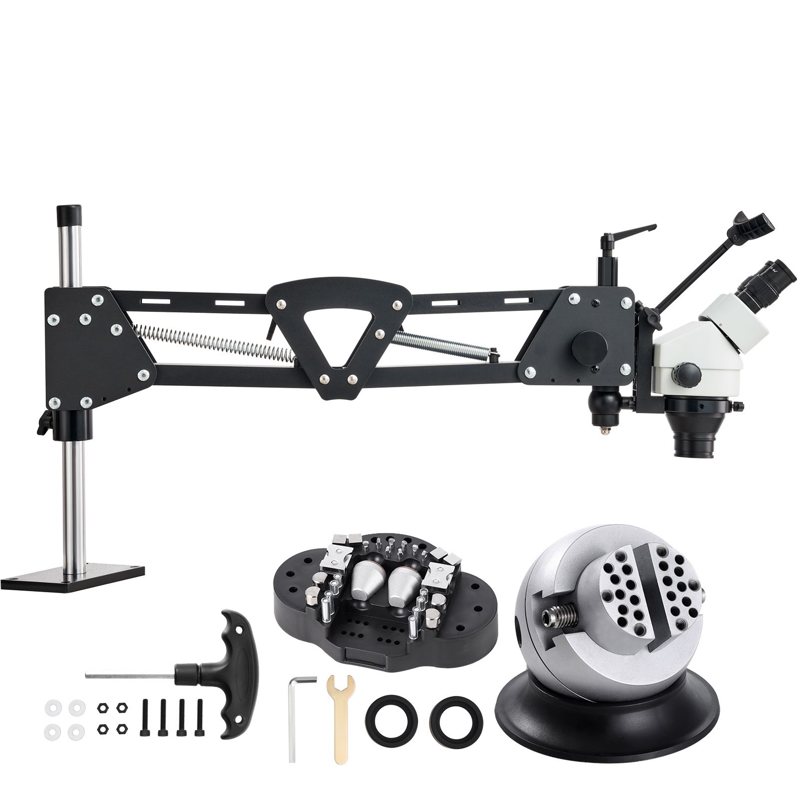 Microscope binoculaire zoom 7x-45x, support à ressort multi-angle, éclairage LED 144 lampes, étau rotatif 360°