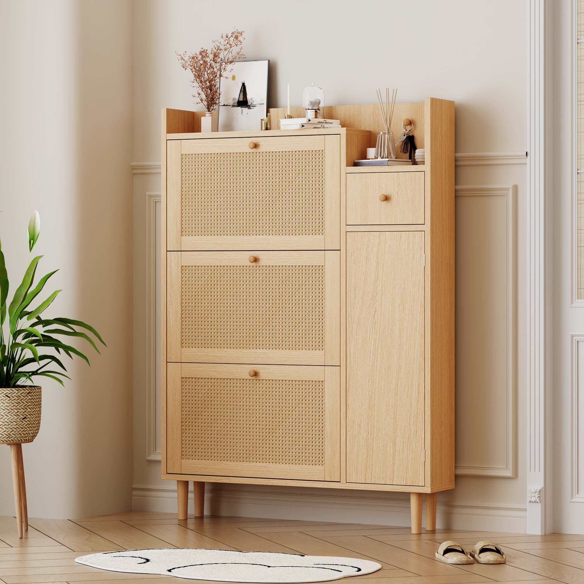 Meuble À Chaussures En Rotin Avec 3 Portes Abattantes