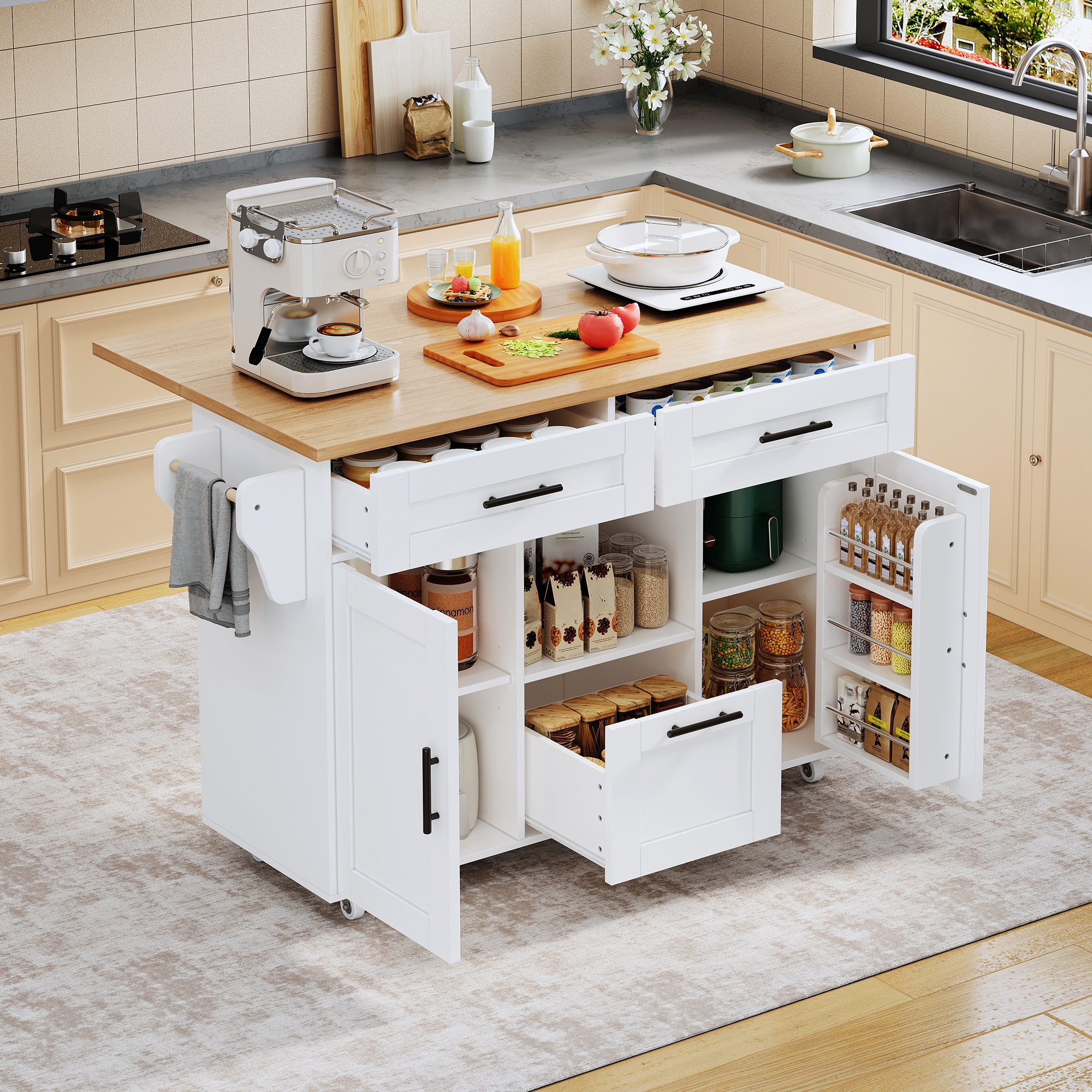 Desserte De Cuisine Mobile 120x71x90cm Roues 360° Buffet Haut Table À Manger Mobile Chariot À Manger 3 Tiroirs 2 Portes Rangement Ouvert Pour Cuisine Salon Blanc