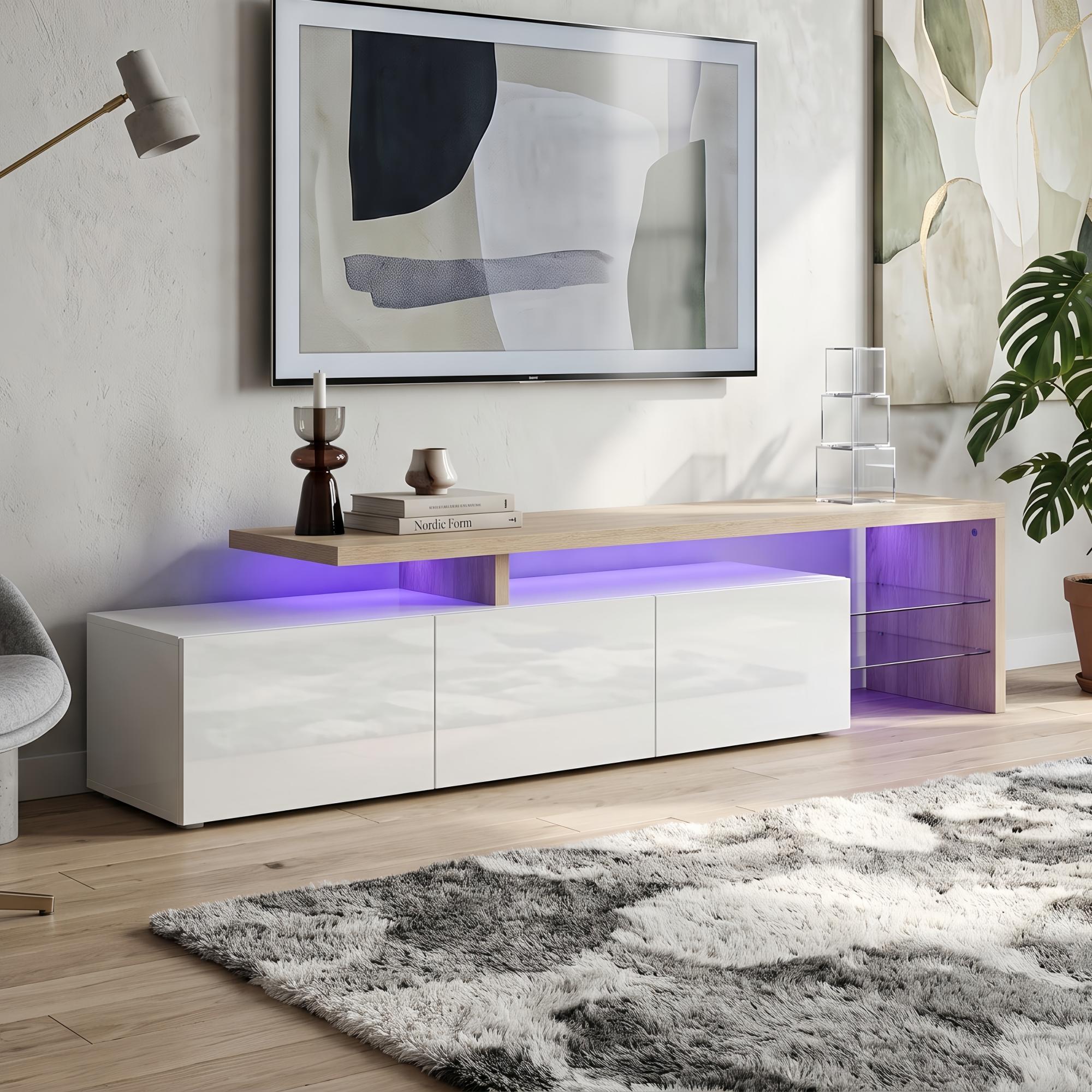 Meuble Tv 200 Cm Avec Éclairage Led Et Étagères En Verre - Meuble Bas De Salon, Design Moderne, Aspect Bois - Meuble Télé Blanc