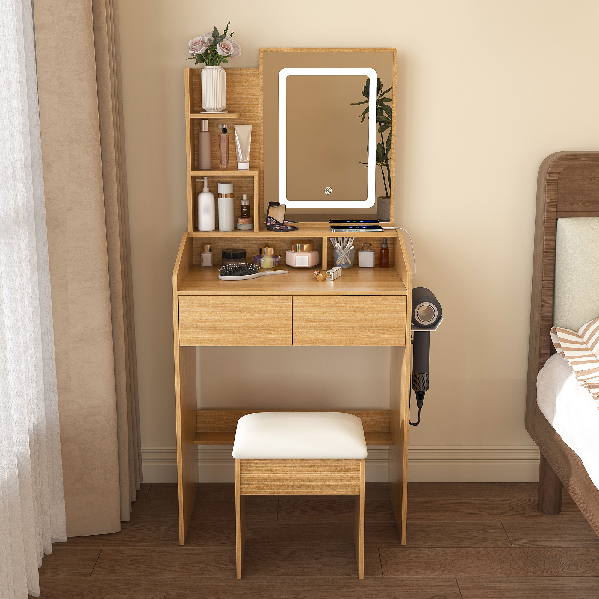 Coiffeuse Compacte Bois 60×130×36 cm
